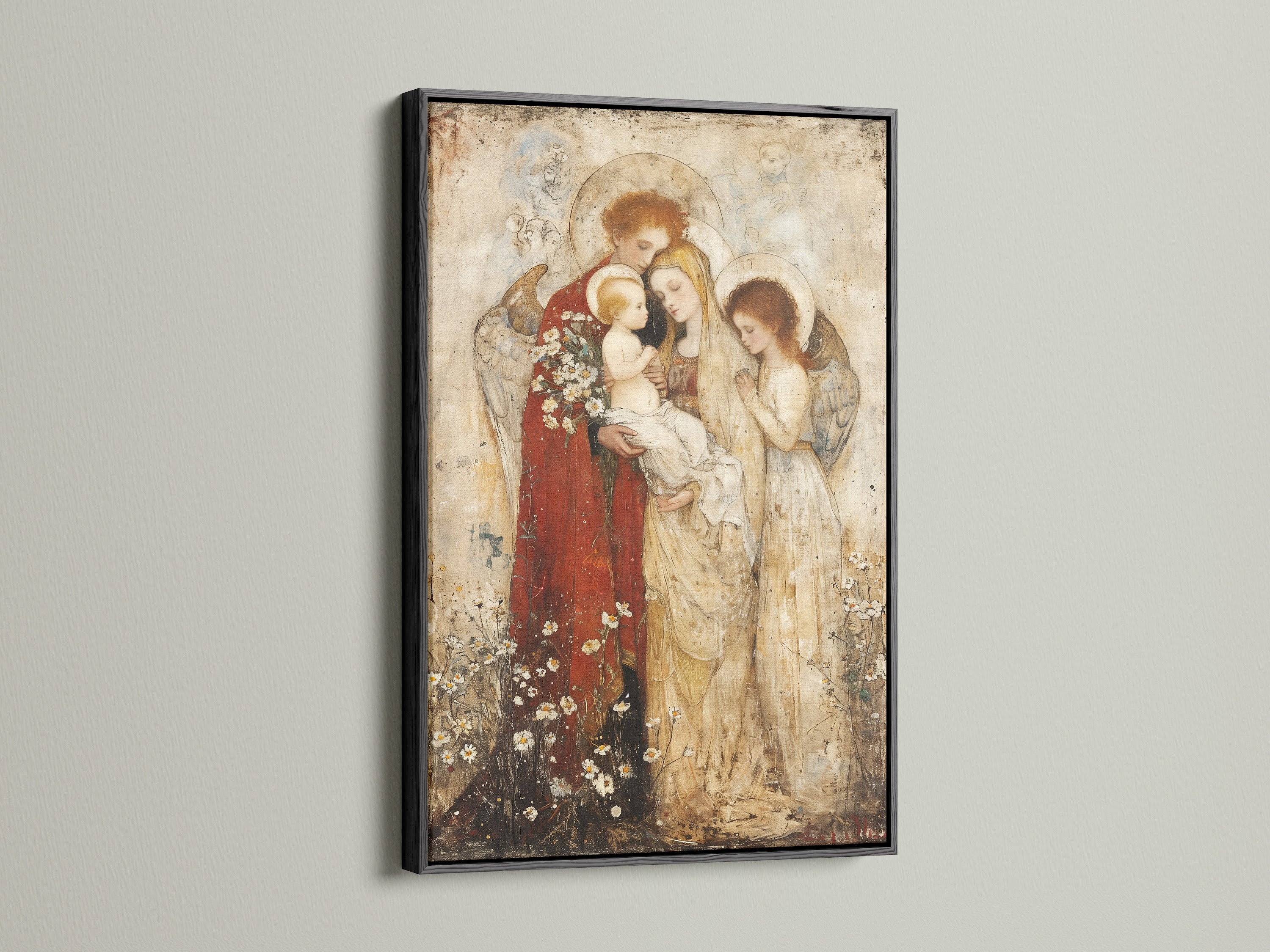 Madonna and Child Renaissance religious artwork in a black frame. This vintage angel wall art elevates sacred space decor. It is suited for studios lobbies clinics and boardrooms. Consider this today.