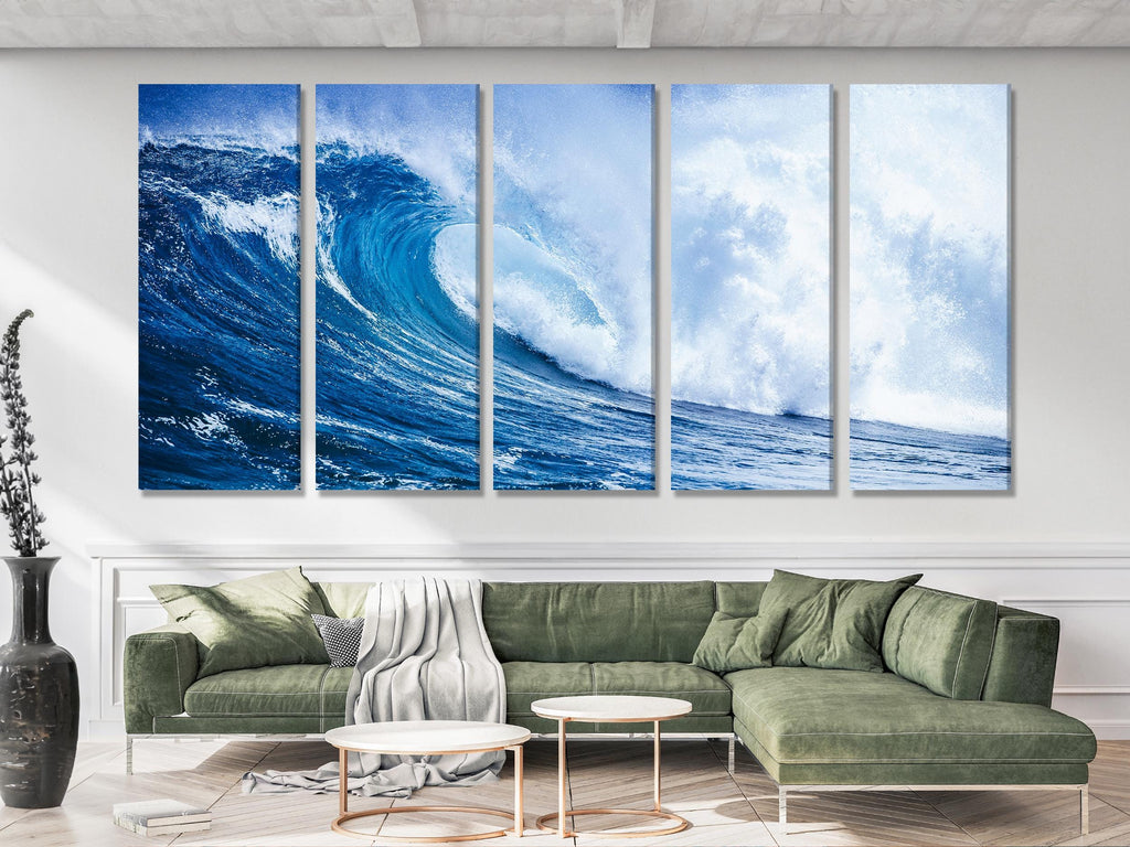 Invigorating ocean wave wall art capturing a swirling crest in vivid blue tones, ideal as a statement canvas print painting that adds coastal-inspired artwork to modern interiors.
