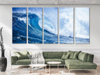 Invigorating ocean wave wall art capturing a swirling crest in vivid blue tones, ideal as a statement canvas print painting that adds coastal-inspired artwork to modern interiors.