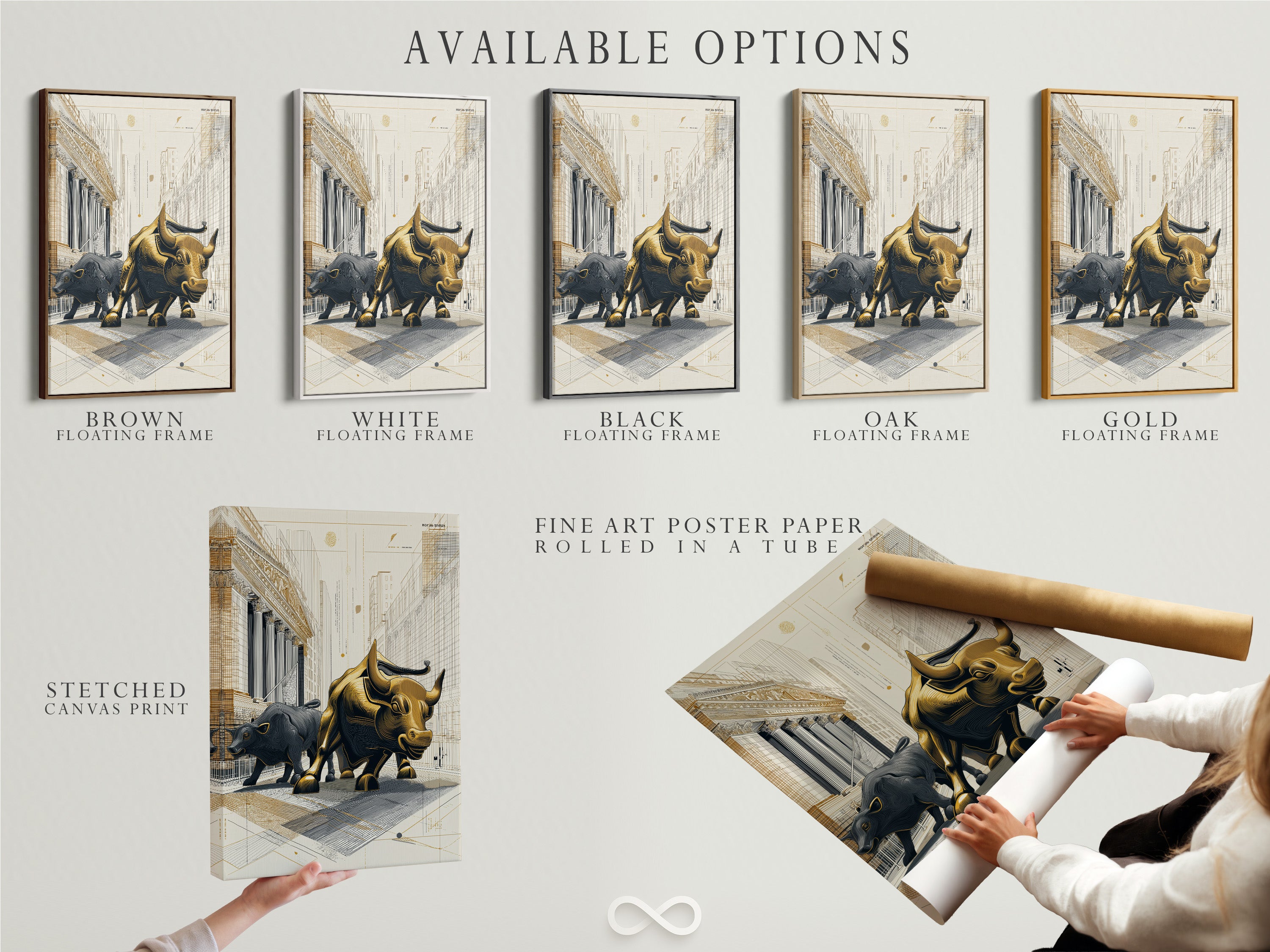Available options for artwork are showcased. Including stretched canvas prints. Fine art poster paper and floating frames. Providing diverse choices to suit different tastes. Helping customers customize their art.