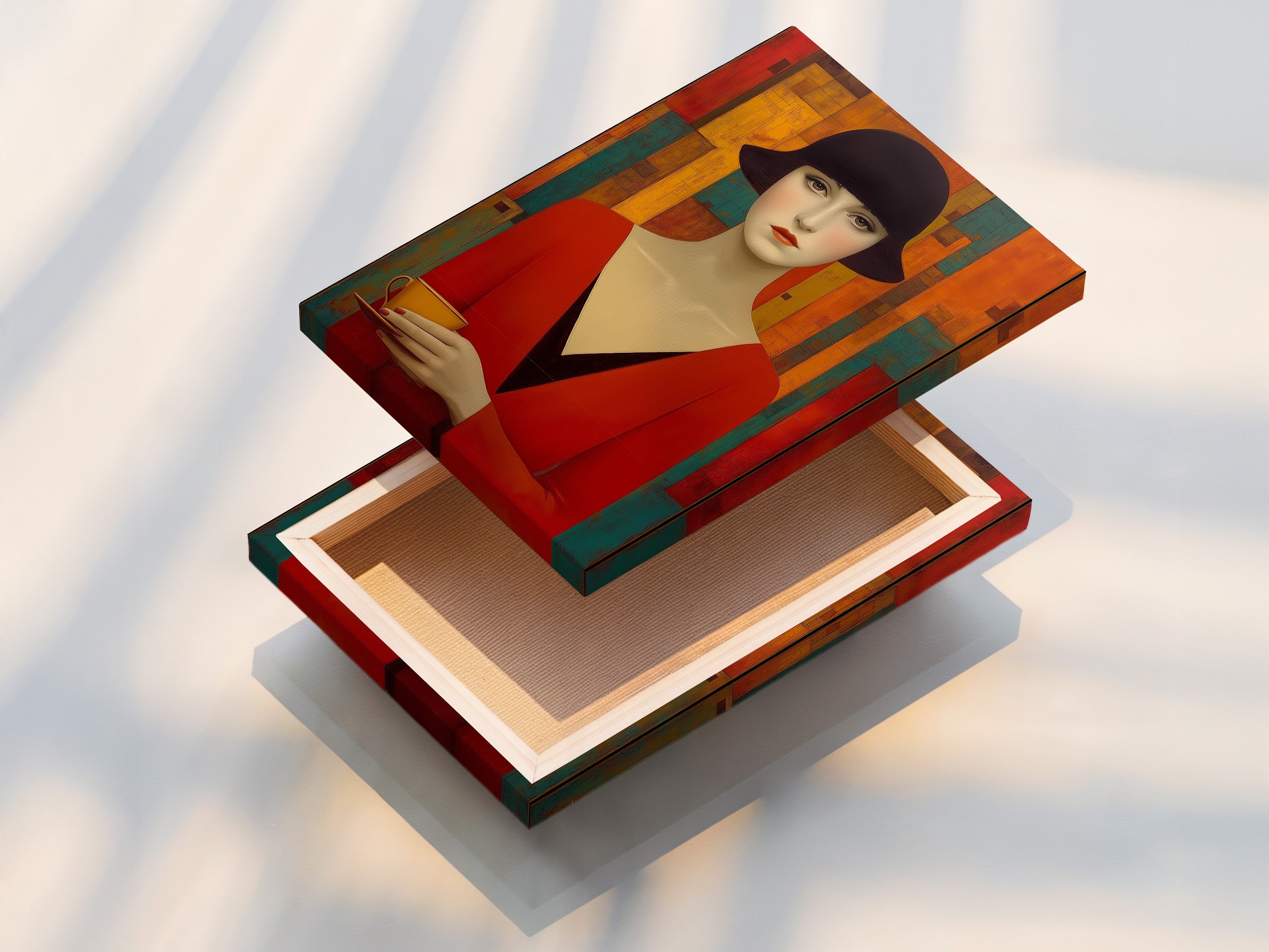 A stretched canvas print features an art deco woman portrait. This vintage-style artwork is ready to hang. It adds a touch of retro fashion to any room. Perfect for homeowners and interior stylists seeking elevated wall art.