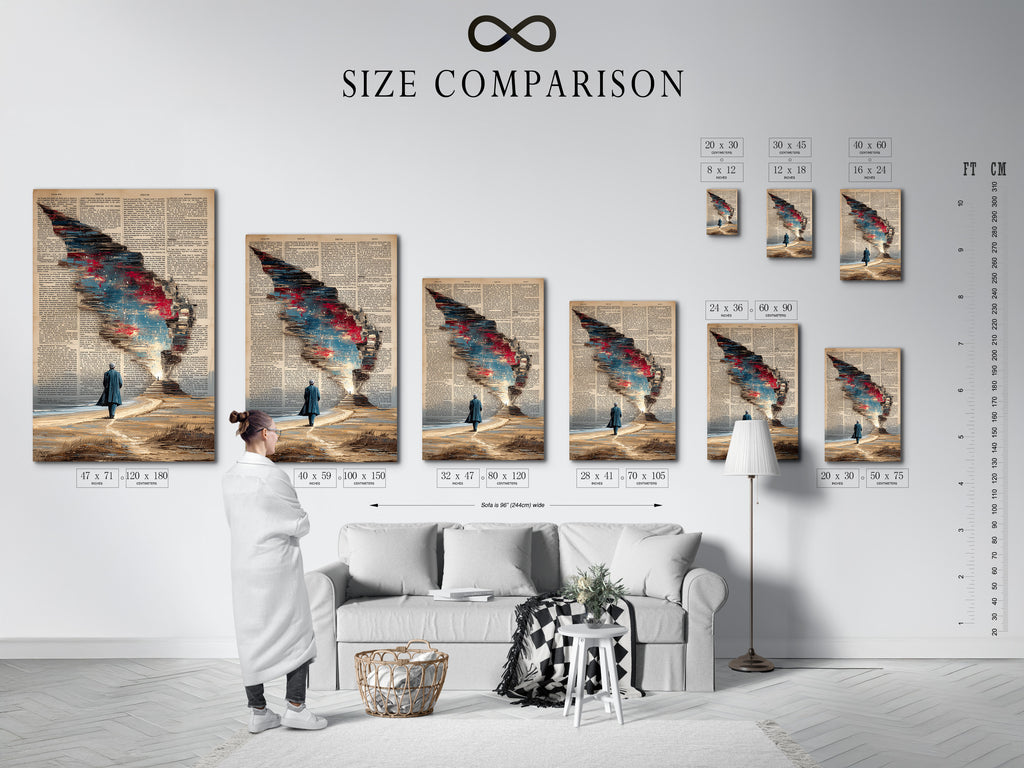 Size comparison chart for the surreal dictionary art print. See how this cosmic sky wall art fits in an interior. Visualize the impact of this vintage book page canvas. Available in various sizes to suit your space. Find the perfect fit for your art decor