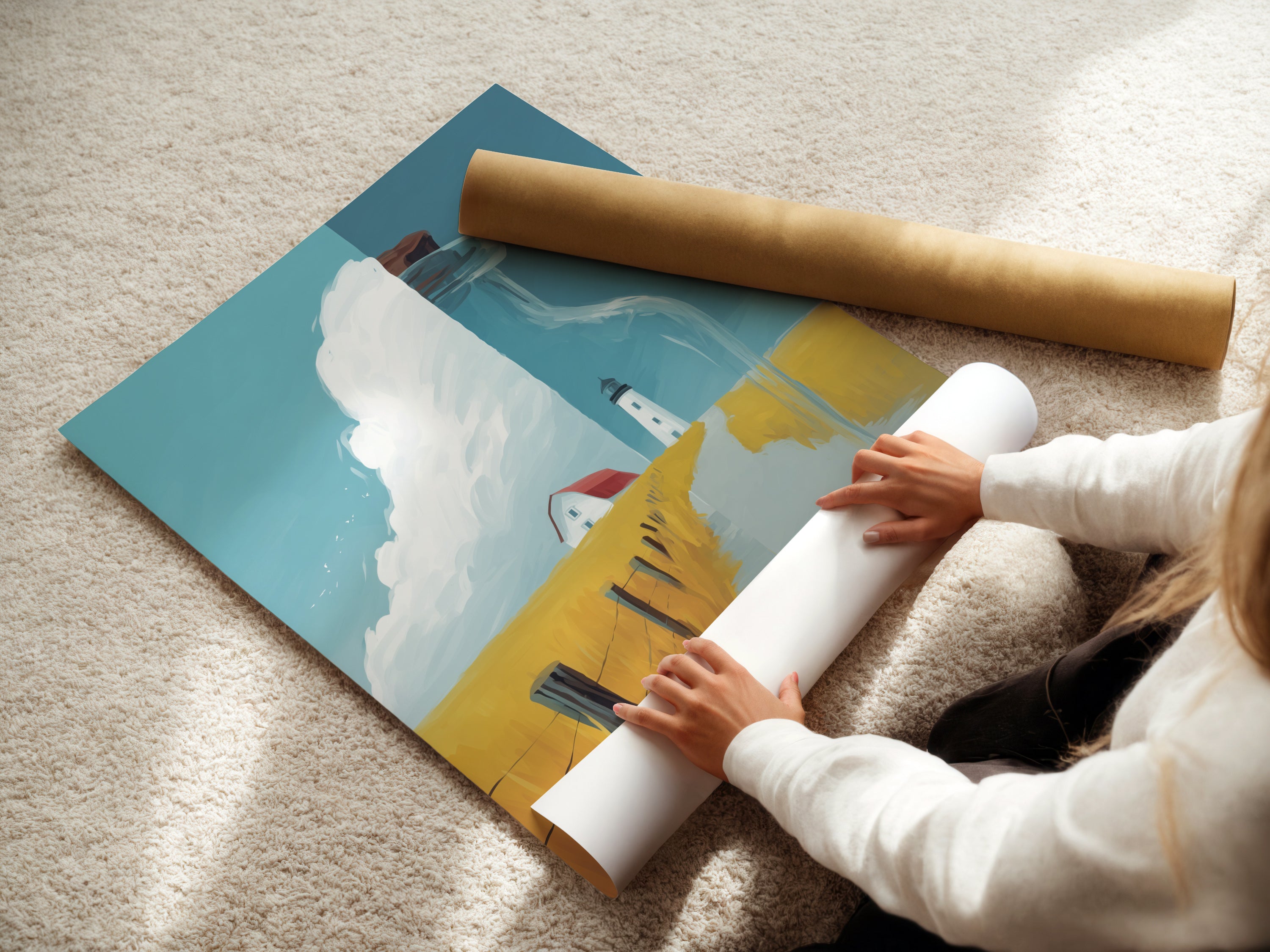 A woman carefully rolling a fine art poster paper featuring the Coastal Lighthouse artwork. The image showcases the care and quality of the print. Perfect for those who appreciate fine artwork and want to decorate their walls.