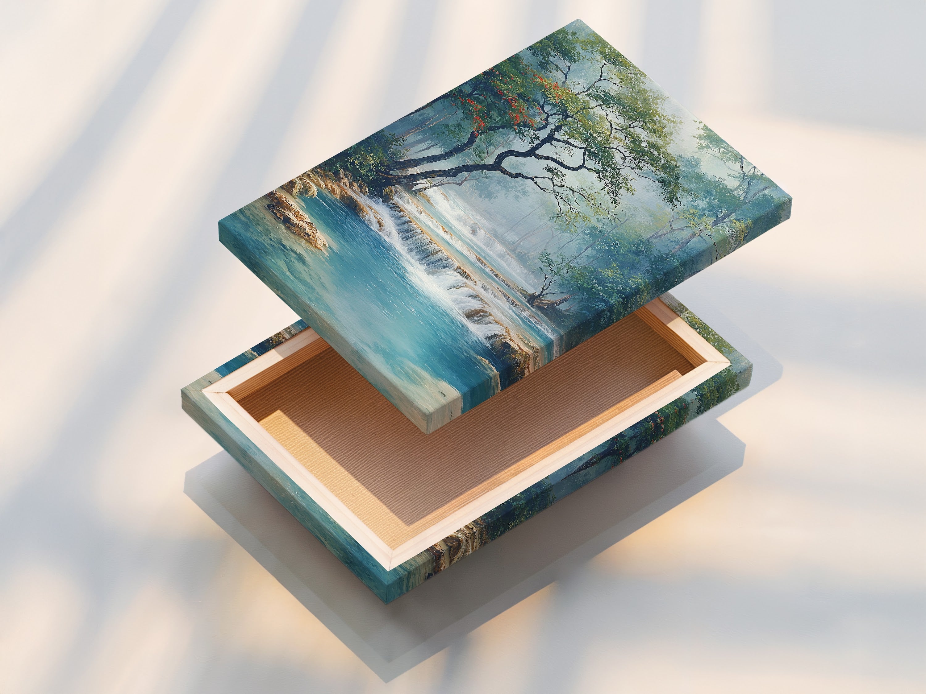 Stretched canvas print of a tranquil waterfall scene. The turquoise river wall art brings nature indoors. It is perfect for serene spaces and meditation rooms.