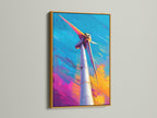 A stunning wind turbine artwork is encased in a luxurious gold frame. The gold frame enhances the artwork's vibrant colors. It's displayed on a clean white wall. Add a touch of glamour to your art collection.