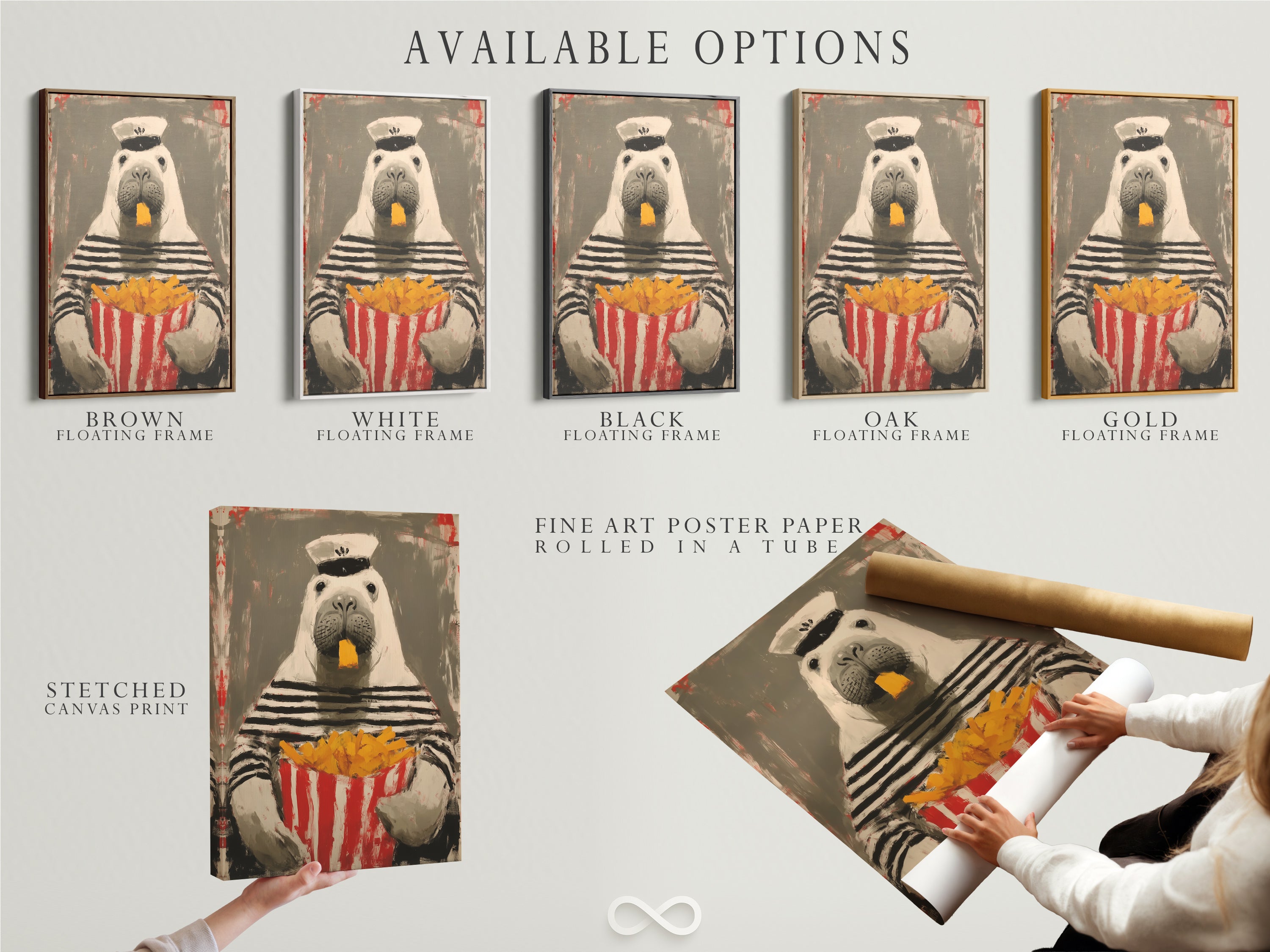 Available options include stretched canvas print fine art poster paper and floating frame. Select the perfect format for your sailor walrus artwork. Customize your art to fit your unique style. Enhance your home or cafe.