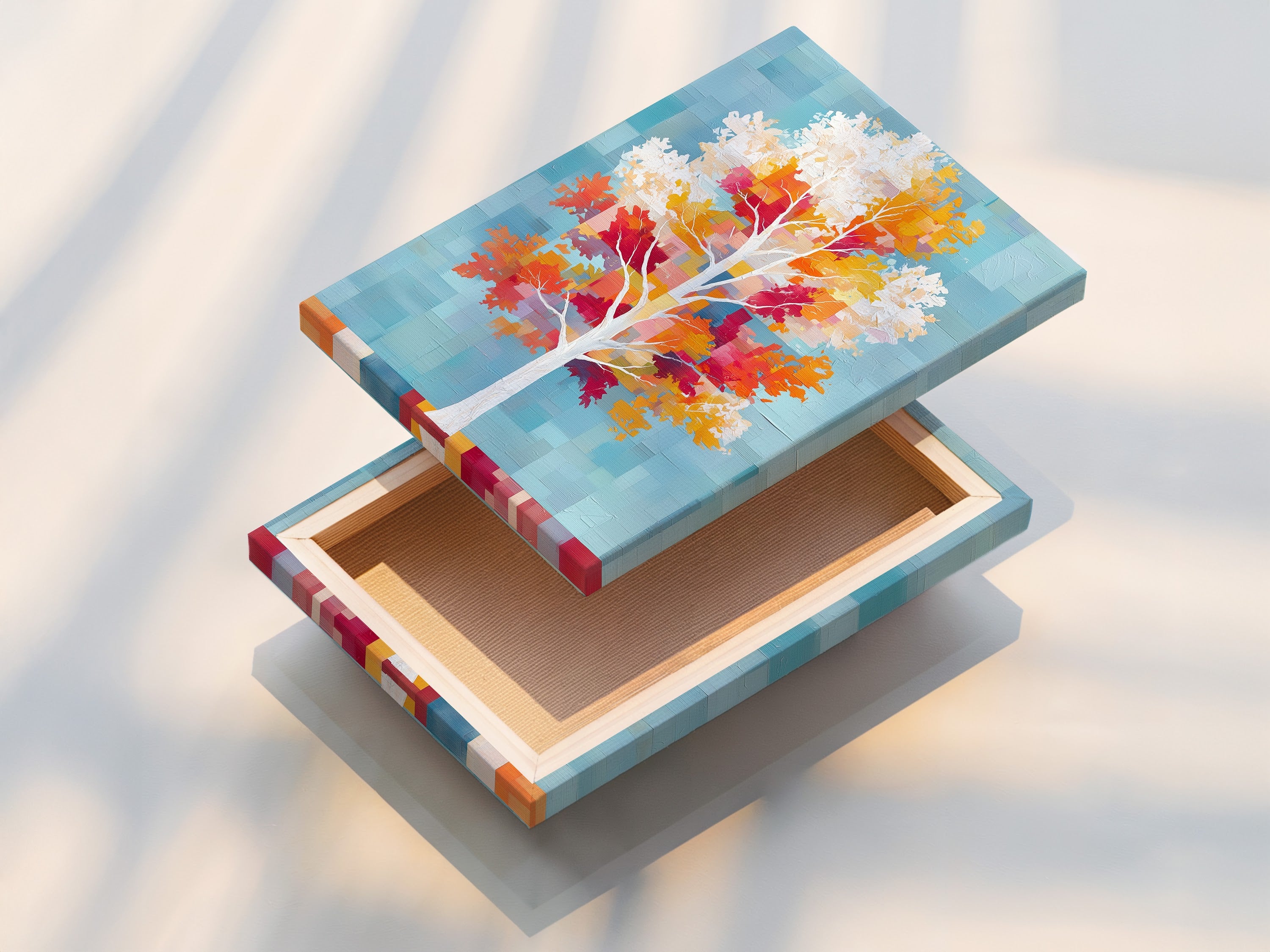 A stretched canvas print is ready to hang. The colorful tree artwork is vibrant. This autumn leaves canvas wall art brings nature indoors. The pixelated nature artwork adds a modern touch to any room. It is perfect for enhancing your bedroom wall decor.