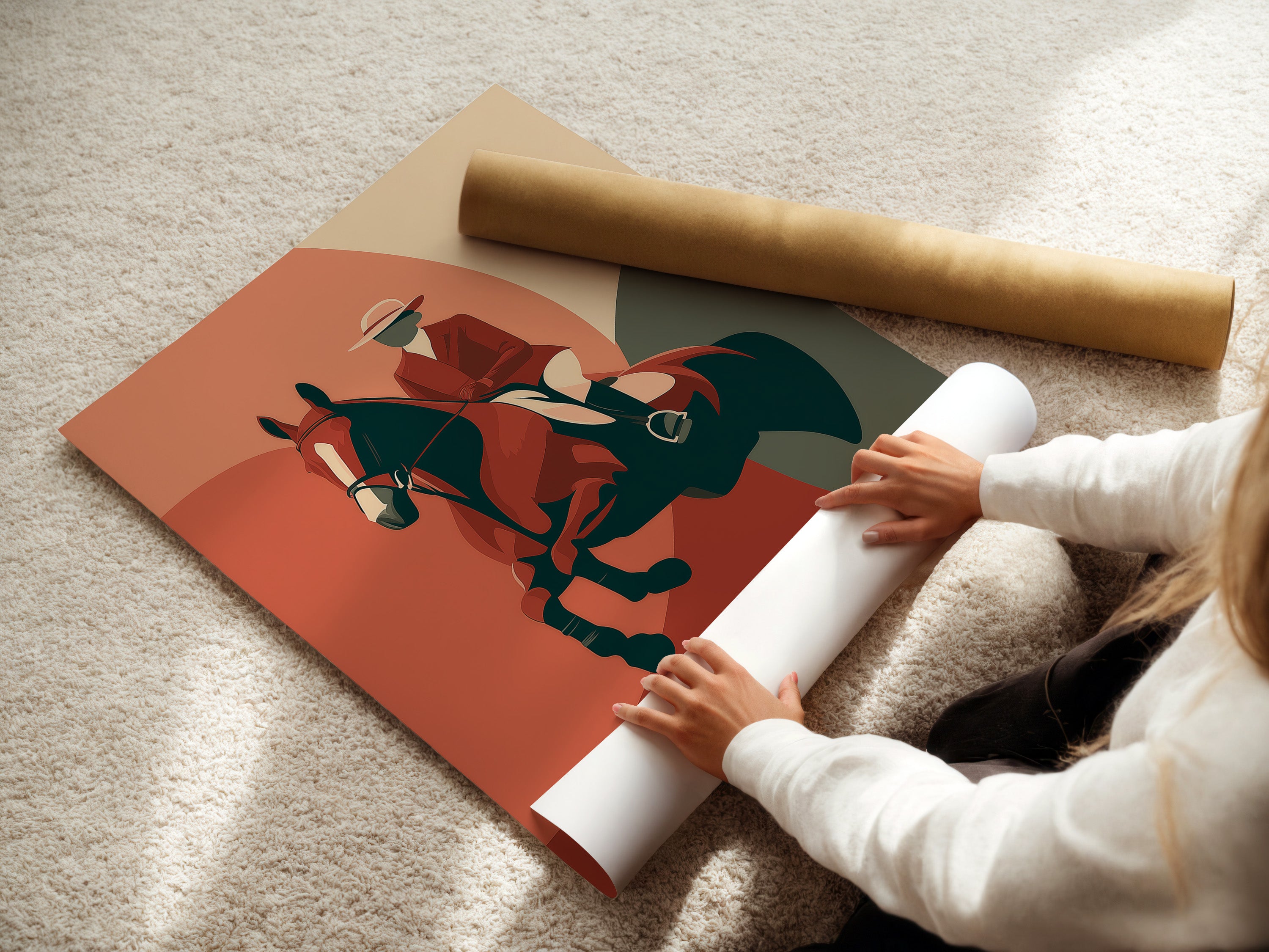 A woman carefully rolls a fine art poster paper. This highlights the quality and care in handling the artwork. The poster paper is ideal for detailed art prints. It ensures the artwork is preserved in pristine condition.