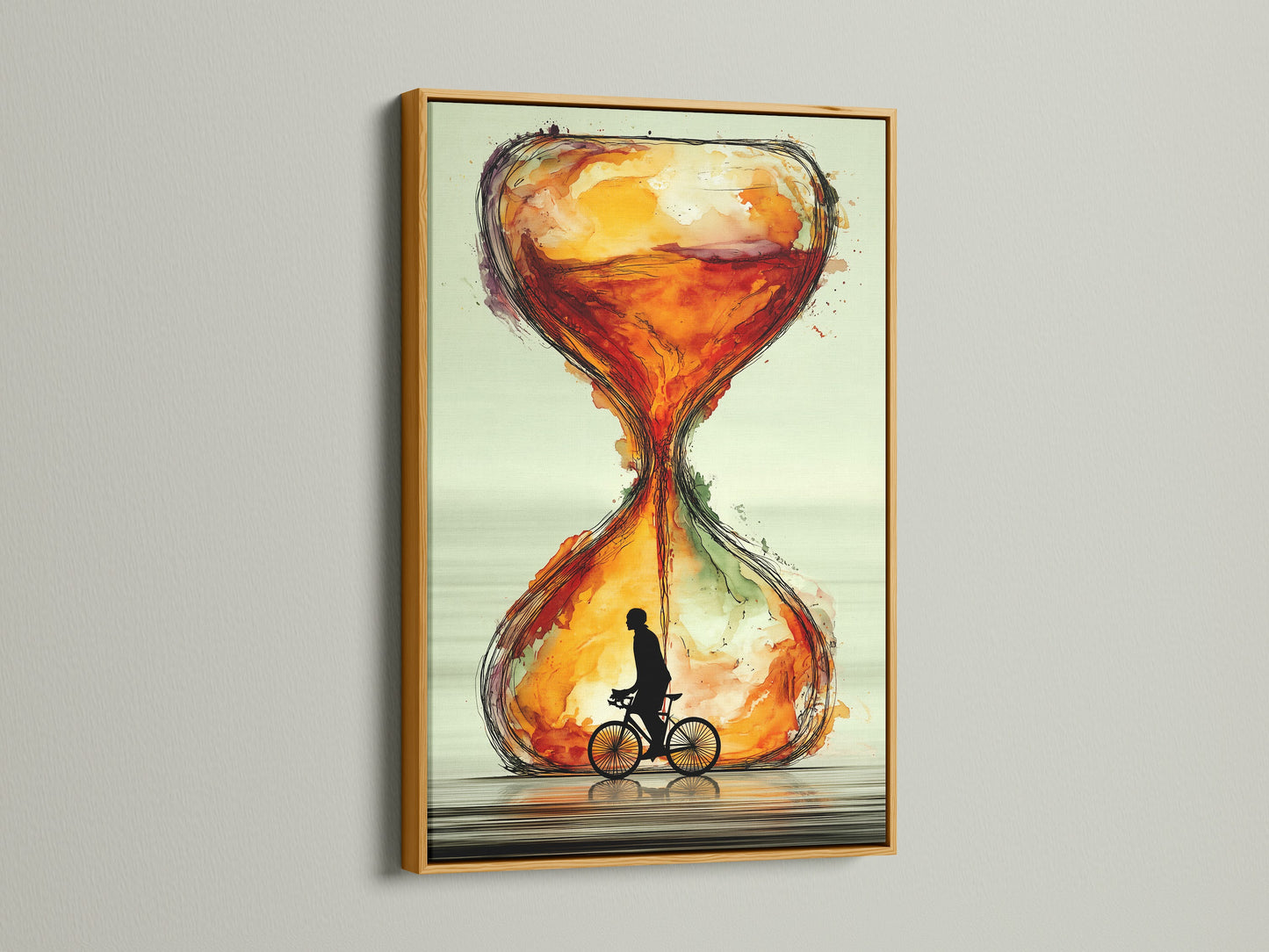 The 'Hourglass Canvas Print' is luxuriously framed in gold. The cyclist rides within an hourglass. This artwork brings a touch of elegance to any room. Its abstract sienna hues add warmth and depth. It is an ideal cyclist gift for art enthusiasts. A timeless piece.