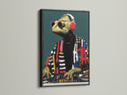 DJ Iguana canvas art in a black frame. This black frame emphasizes the modern animal canvas print. The dark frame makes the colors pop. It's ideal for a creative office or music room art setting. This is cool animal art.