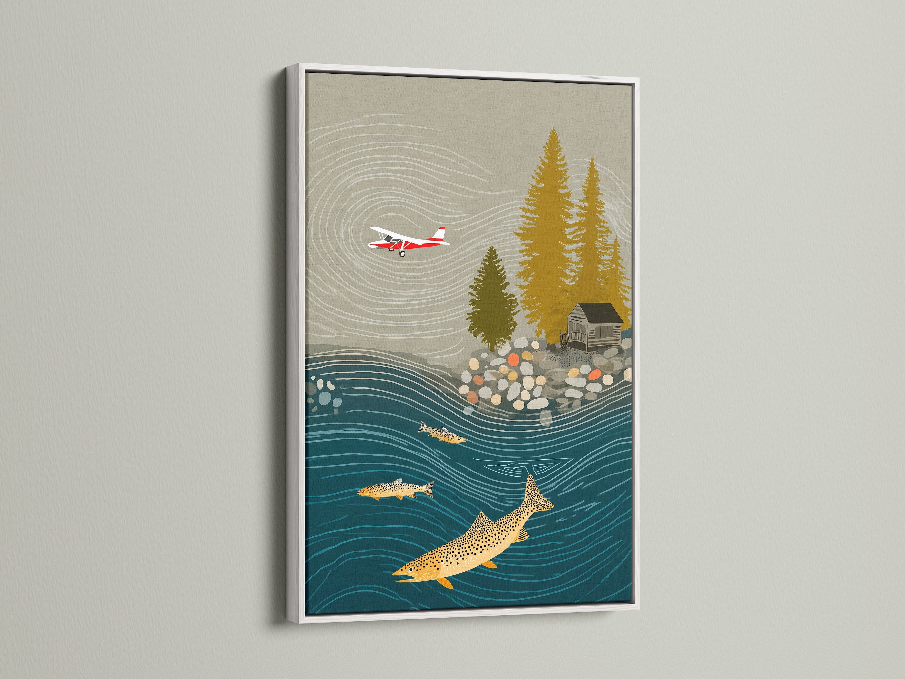 A white frame showcases a fishing landscape artwork. This piece is perfect rustic wall art for an outdoor theme. It will enhance your lake house art. The fish artwork and forest print create a serene atmosphere.