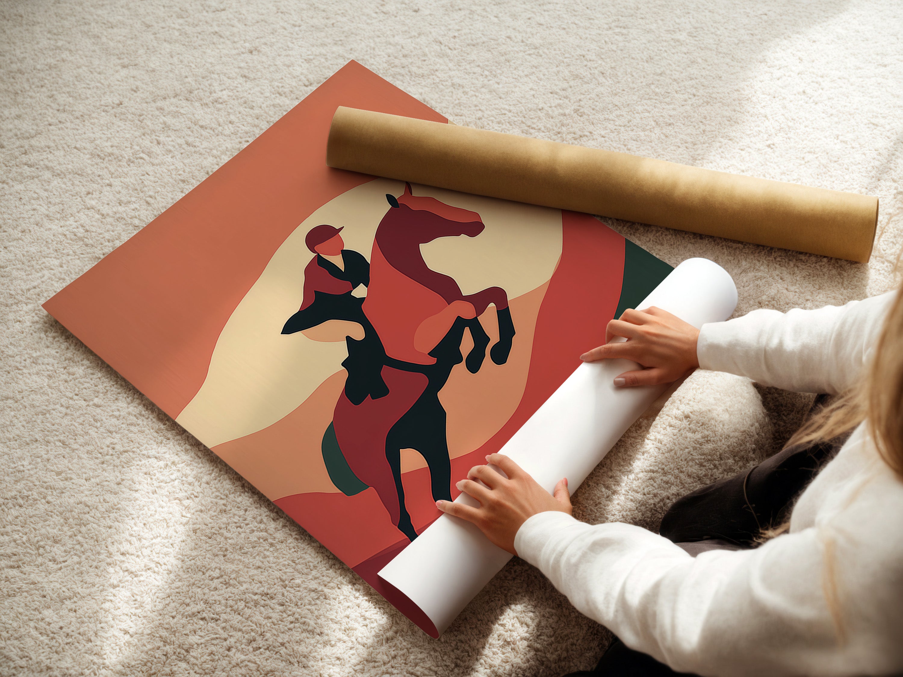 A woman is carefully rolling a fine art poster paper. The equestrian art is ready for framing. This vintage horse art will become a stunning wall display. Perfect for those who appreciate equestrian decor. Choose from various sizes to suit your space. Add this piece to your study room.