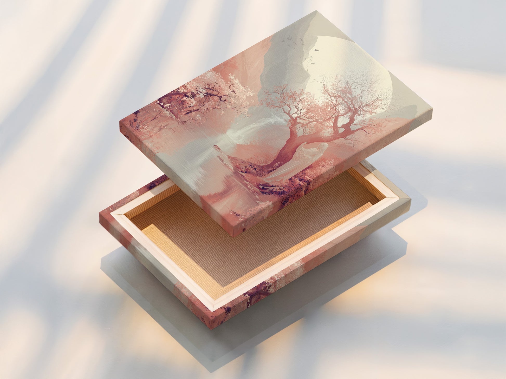 Stretched canvas print featuring Cherry Blossom Landscape Artwork. The Japanese Moon Wall Art adds a touch of elegance. Sakura Tree Canvas Print is ready to hang. Perfect for creating a serene atmosphere.