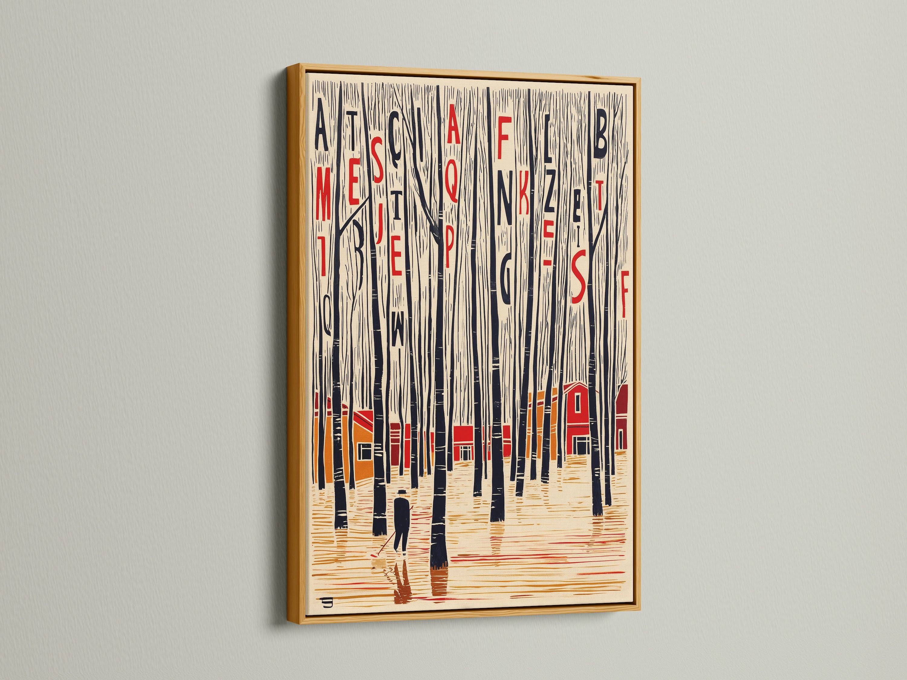 The typographic forest art print is elegantly displayed in a gold frame. This scandinavian art piece enhances any space. Ideal as woods print or letter art. It is suitable for study room art. The abstract forest evokes a sense of tranquility. The red cabin art adds a pop of color.