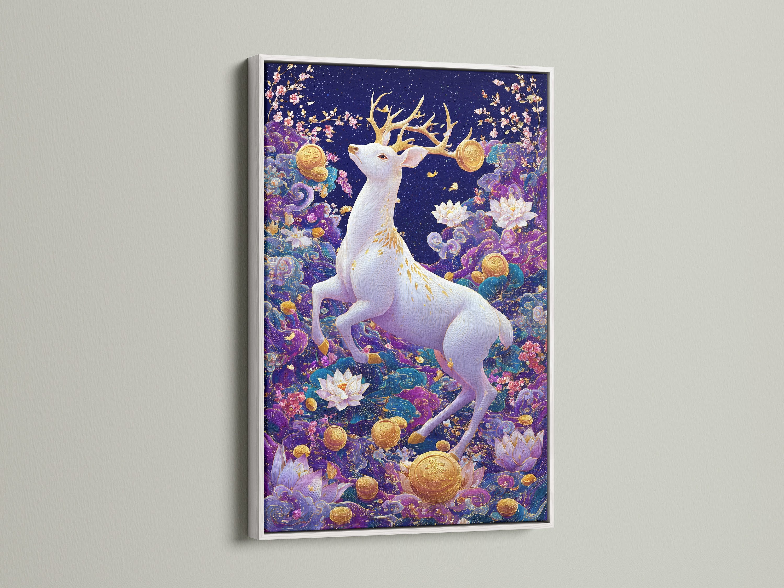 A serene white frame enhances the beauty of a white deer art print. This mystical forest artwork features a purple lotus print. It's a great choice for living rooms bedrooms spas boutiques and boardrooms