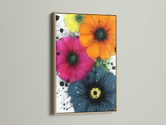 Vibrant flower artwork in an oak frame. This colorful botanical wall art features orange pink and blue flowers. The artwork complements minimalist Scandinavian or eclectic interiors. Perfect for bedroom art or living room wall decor. The oak frame adds a touch of natural warmth.