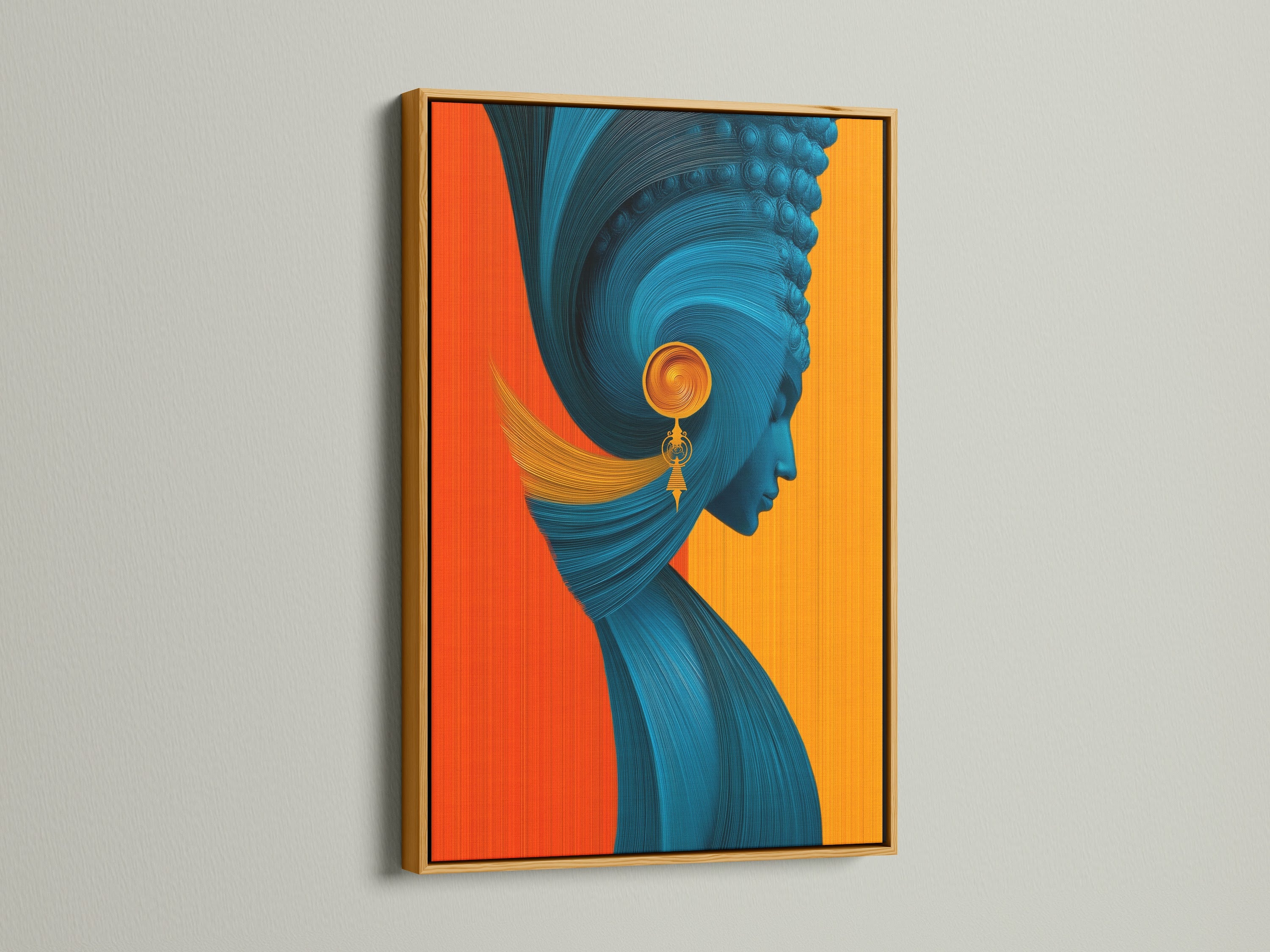 The gold frame highlights the abstract woman art. The metallic finish brings a touch of luxury to the teal and orange print. This modern artwork shines. Perfect for adding a glamorous accent to any room or office wall art collection.