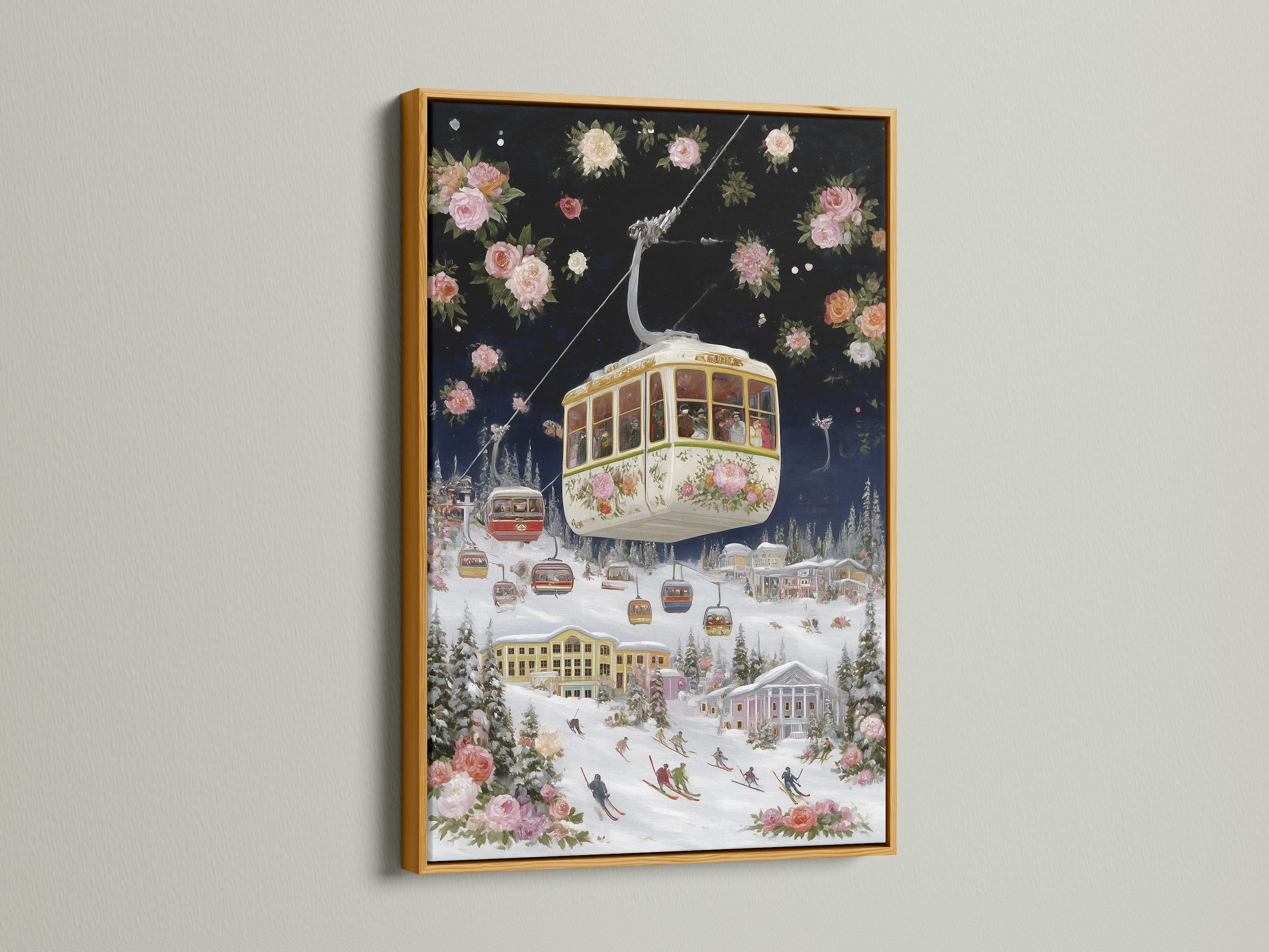 Ski resort canvas artwork with a gold frame. This vintage floral alpine wall art features a gondola winter landscape. This apres ski decor is perfect for any room. This alpine decor complements minimalist Scandinavian rustic or eclectic aesthetics.