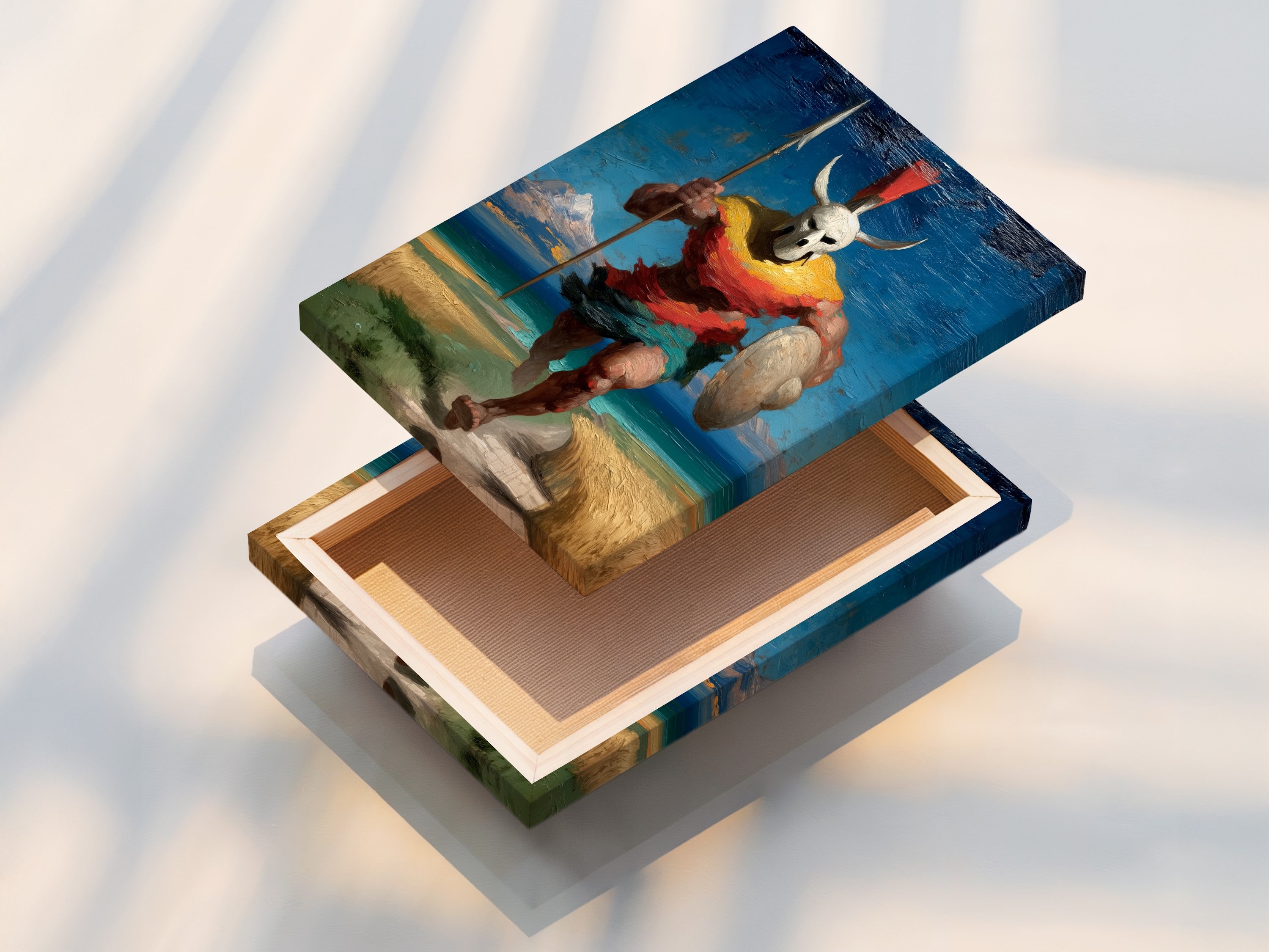 This is a stretched canvas print of the tribal warrior. The fantasy artwork shows an ancient soldier. This figure painting is great for game room art. Perfect for homeowners and renters.