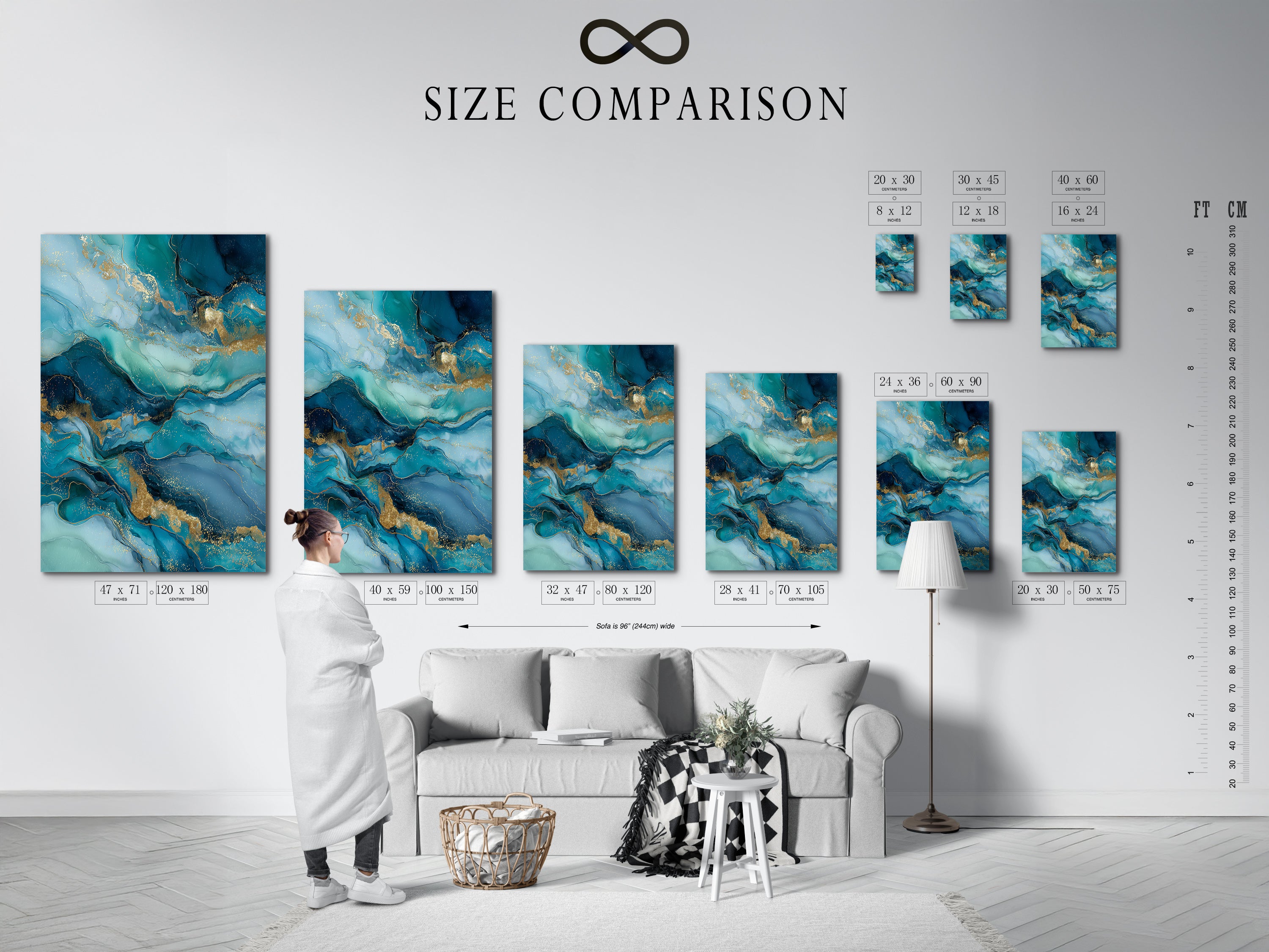 A size comparison chart is displayed in an interior setting. It showcases the various dimensions available for the abstract ocean artwork. Choose the perfect size to complement your living room or bedroom decor. Enhance your space with teal and gold wall art.