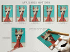 Available options for the llama artwork are displayed. Choose from a stretched canvas print. Or a fine art poster paper. A floating frame is also an option. The retro teal and orange animal art.