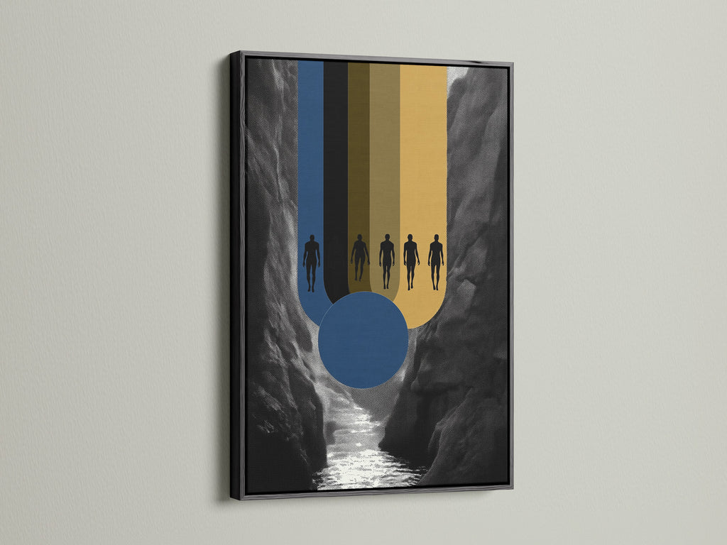 Abstract Figures Canvas Print in a black frame. Modern artwork for office decor. The black frame enhances the abstract canvas print. This is ideal for adding a touch of sophistication to your space.