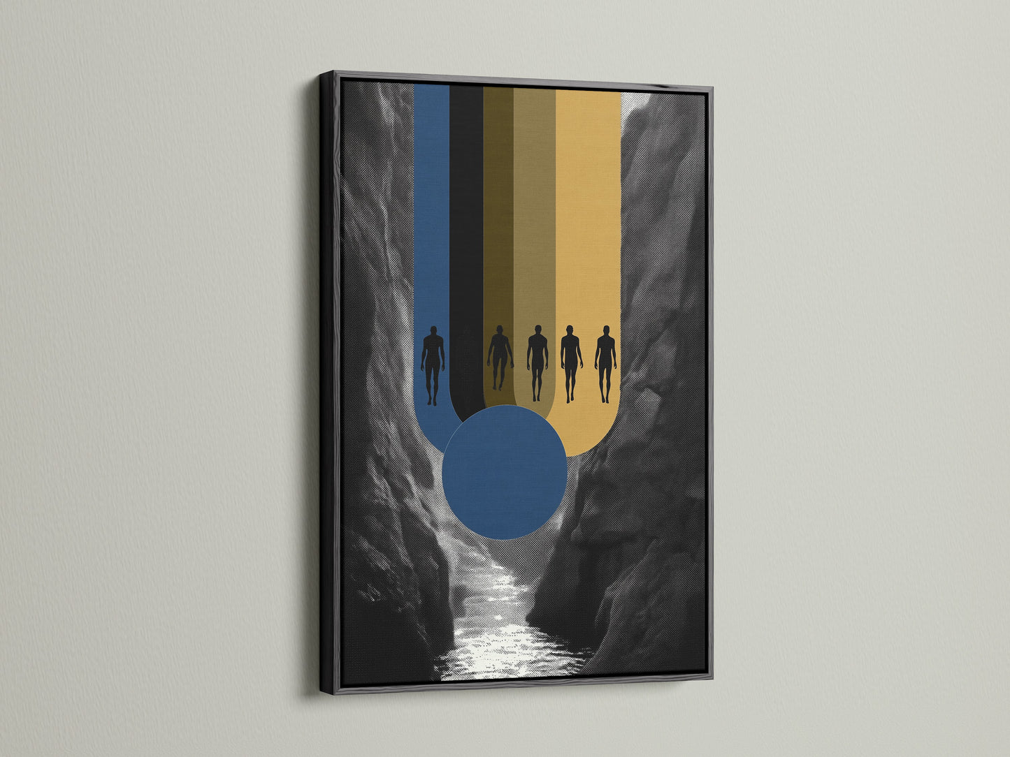 Abstract Figures Canvas Print in a black frame. Modern artwork for office decor. The black frame enhances the abstract canvas print. This is ideal for adding a touch of sophistication to your space.
