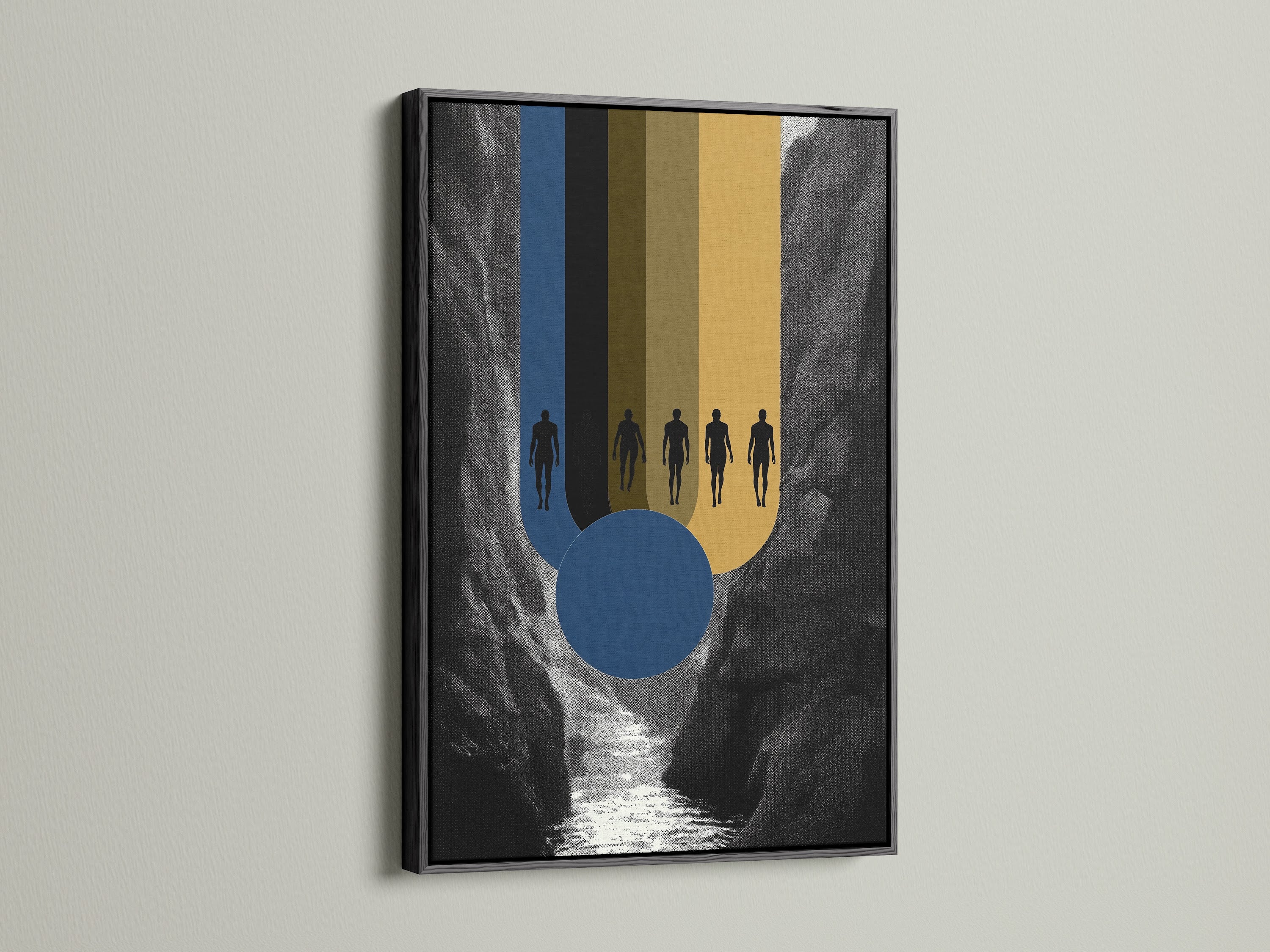 Abstract Figures Canvas Print in a black frame. Modern artwork for office decor. The black frame enhances the abstract canvas print. This is ideal for adding a touch of sophistication to your space.