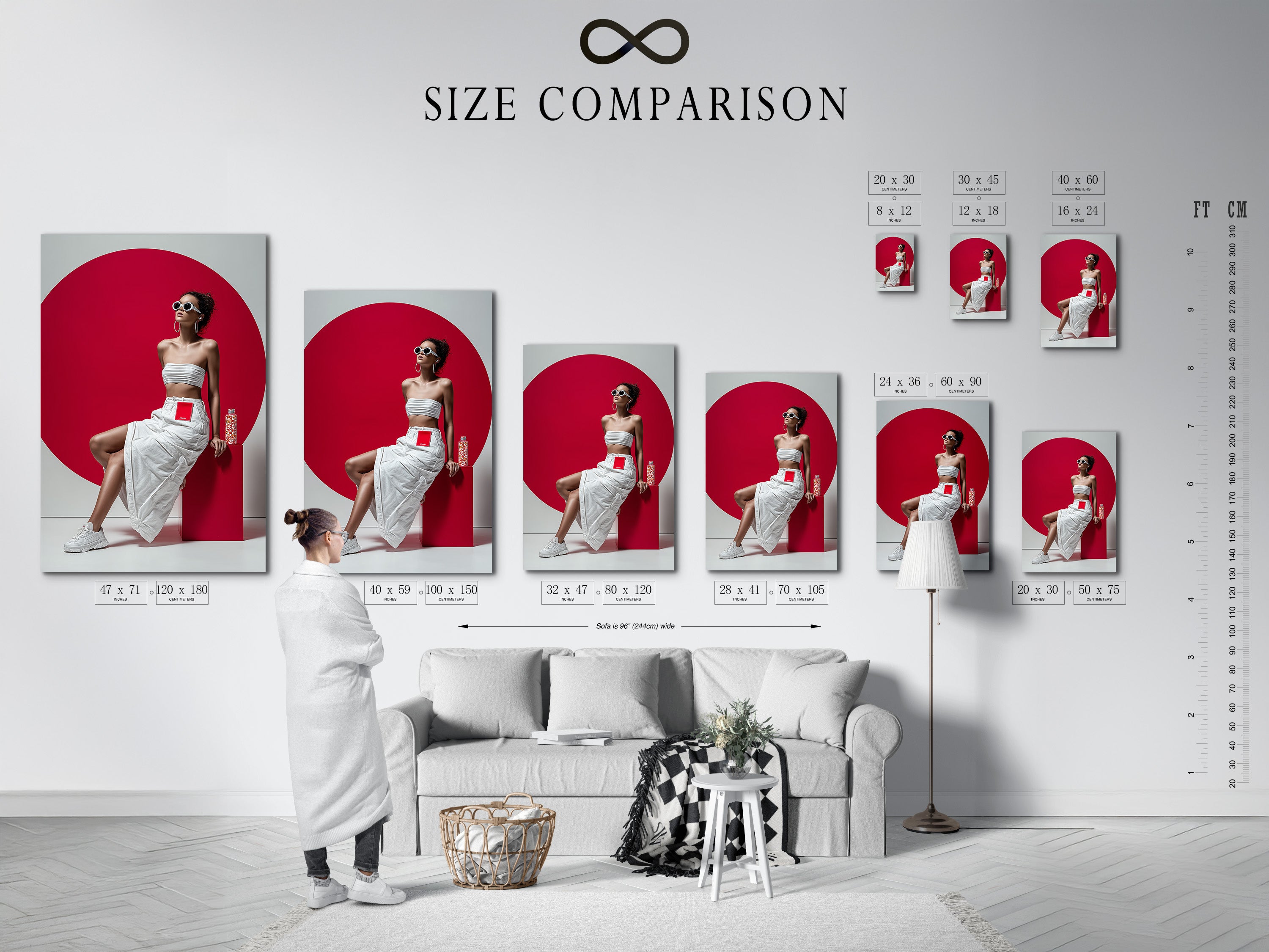 A size comparison chart displayed in a stylish interior. Various sizes of fashion portrait canvas prints are shown. This chart helps you visualize how the artwork will look in your space. Perfect for planning your wall decor.