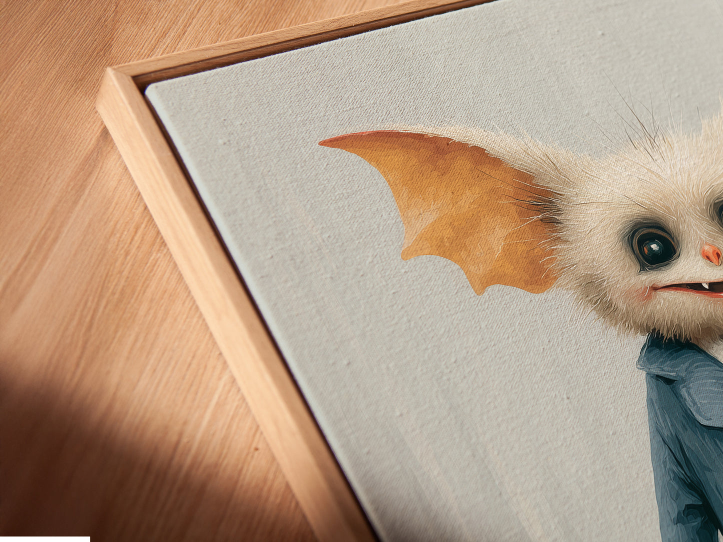A close-up angle shows a canvas print of the monster travel artwork in a floating frame. The artwork features a cute monster with suitcases. The floating frame enhances the modern look of the artwork. The print is ready to hang and adds a whimsical touch to any room. Perfect for adding character.