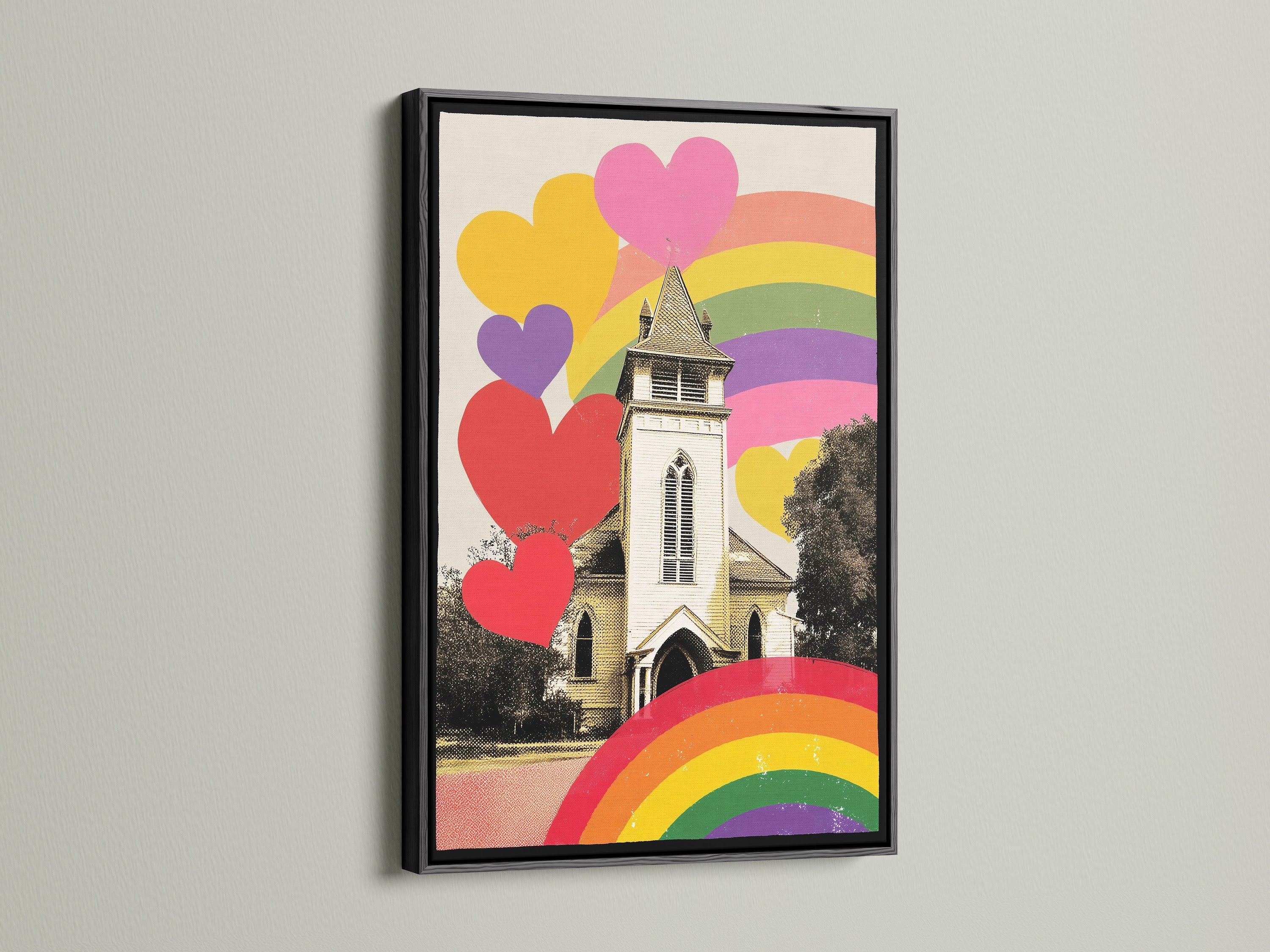 Artwork is showcased in a black frame. The art features a church rainbows and hearts. The black frame provides a bold and sophisticated look. It makes the artwork pop. This framed art is a great addition to any room. Get yours today