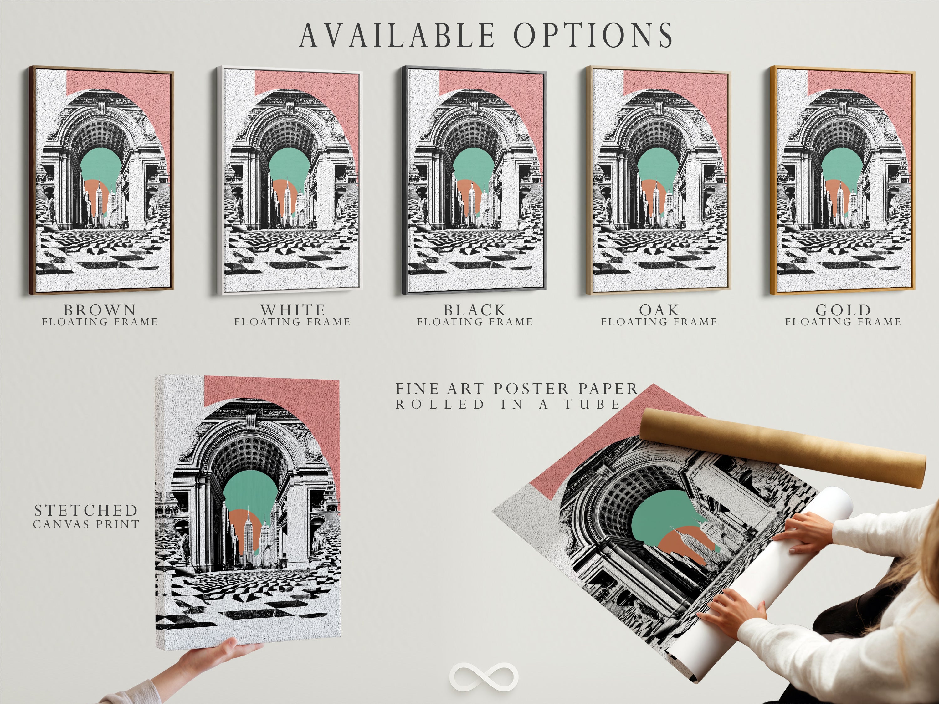 Available options for the New York Arch artwork are displayed. Choose from a stretched canvas print a fine art poster paper or a floating frame. Customize your art to match your style. Explore all available options now to elevate your space