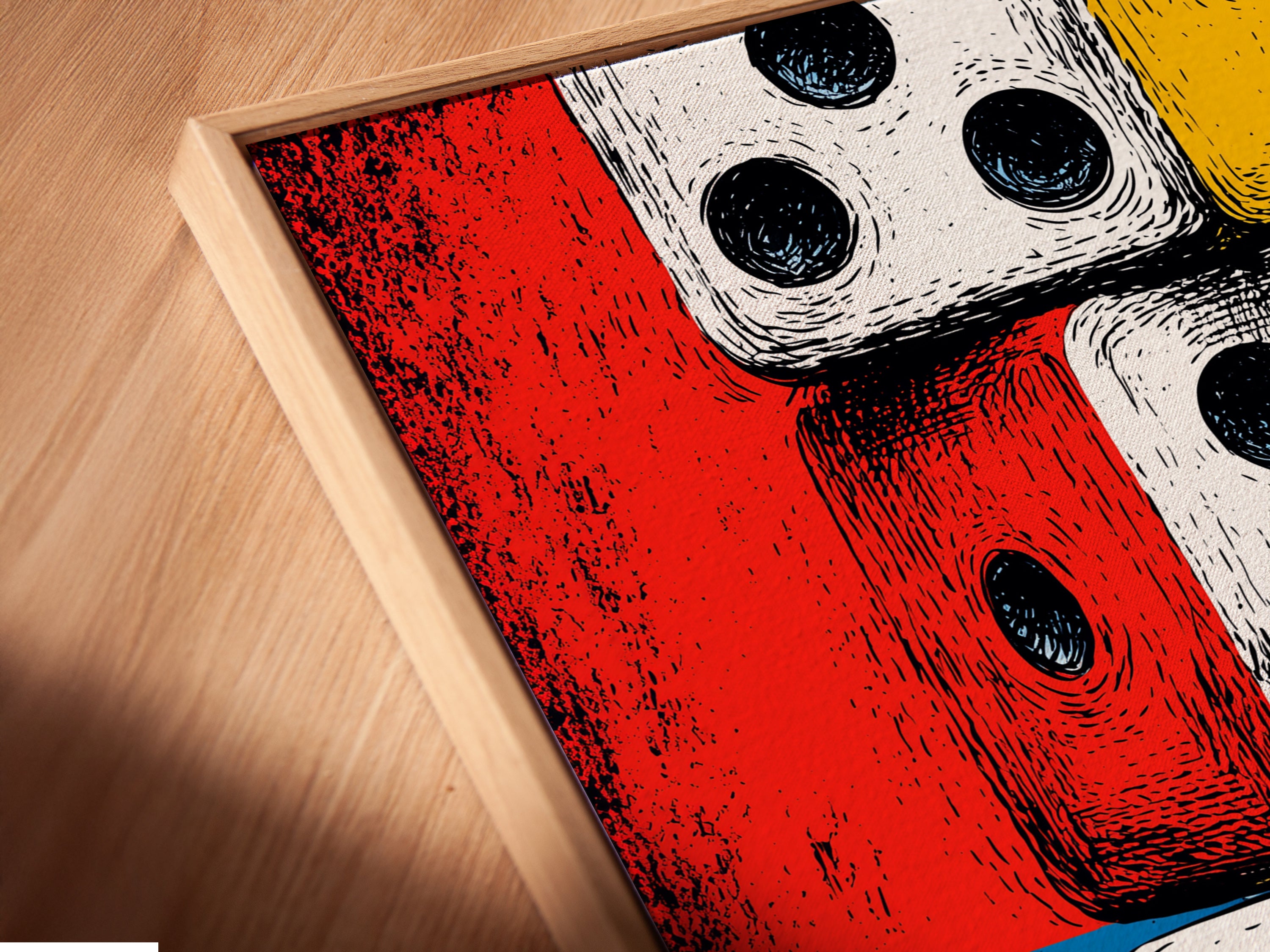A close-up shows a canvas print in a floating frame. The dice artwork is displayed with a modern touch. The floating frame enhances its contemporary style. Perfect for homeowners and interior designers alike. Add a retro pop to your gaming wall decor. The primary colors are red and yellow.