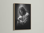 Artwork of Jesus holding a lamb is displayed in an oak frame. The oak frame offers a natural and timeless aesthetic. This frame enhances the artwork's beauty. It seamlessly integrates with any interior setting. Perfect for adding a touch of warmth