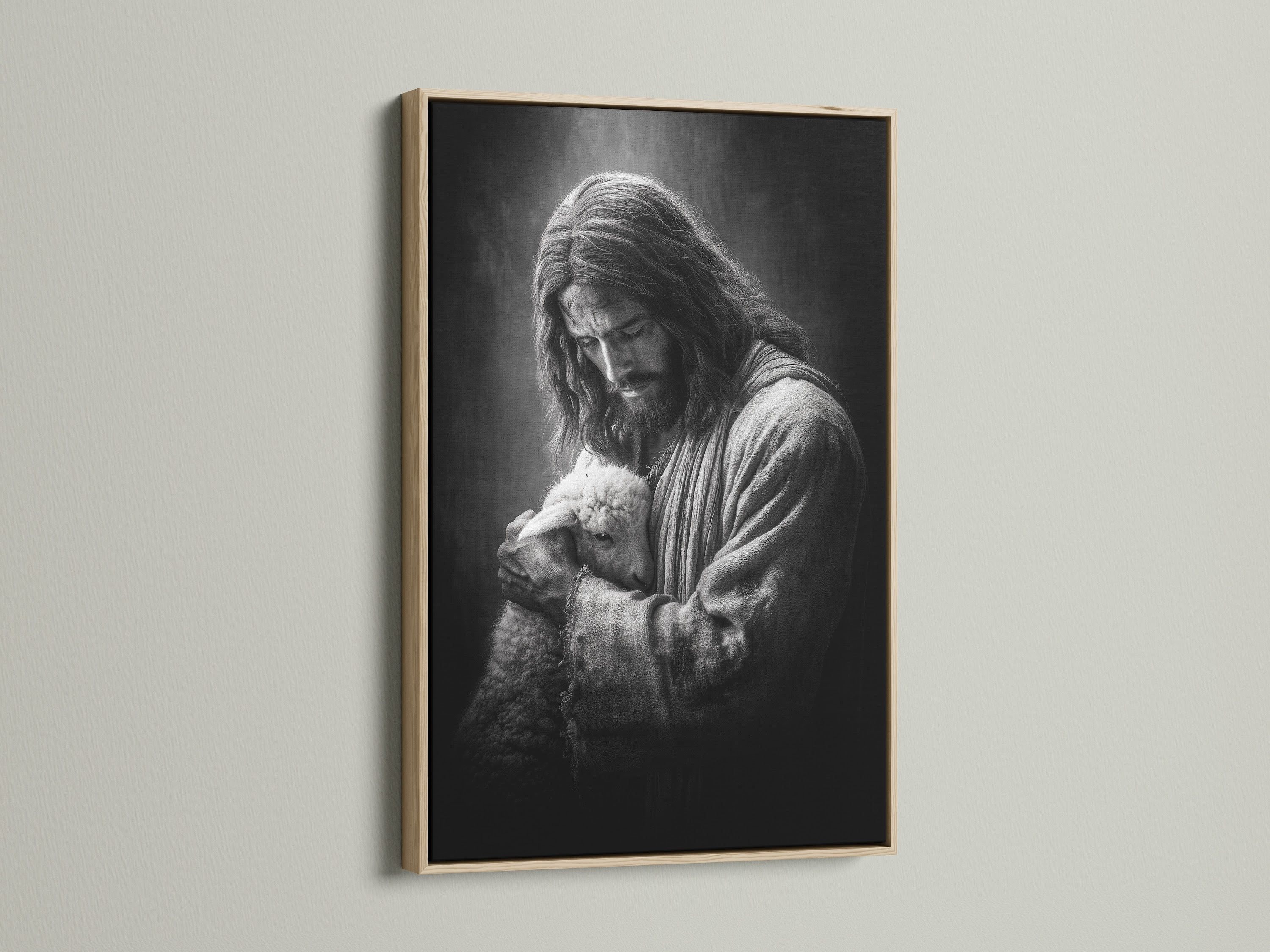 Artwork of Jesus holding a lamb is displayed in an oak frame. The oak frame offers a natural and timeless aesthetic. This frame enhances the artwork's beauty. It seamlessly integrates with any interior setting. Perfect for adding a touch of warmth