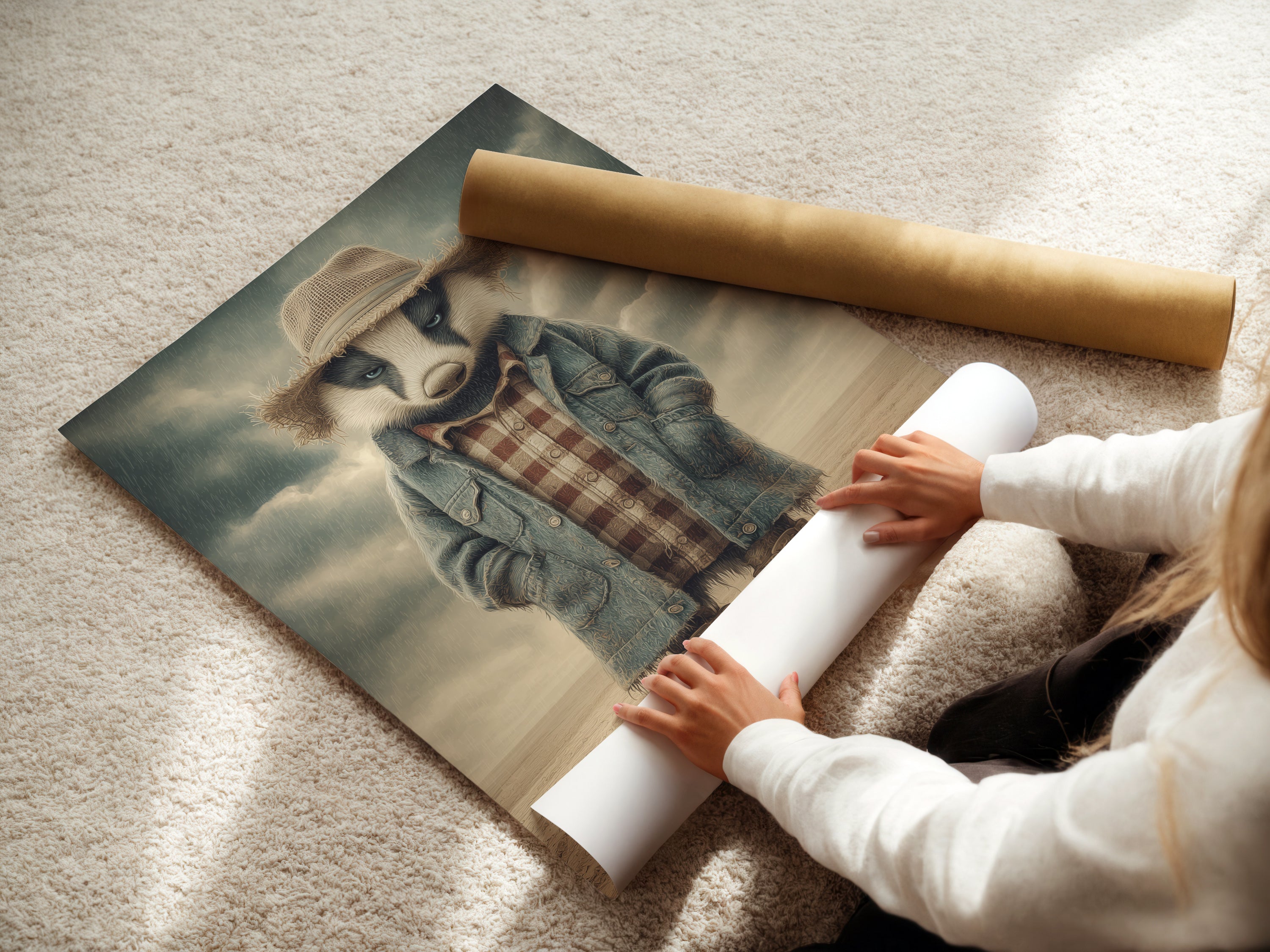A woman is carefully rolling a fine art poster paper. This showcases the care in preparing the Badger Cowboy artwork. The high-quality poster ensures a vibrant and lasting print. Perfect for adding a touch of western charm to your home. Ideal for farmhouse style or a themed kids room.