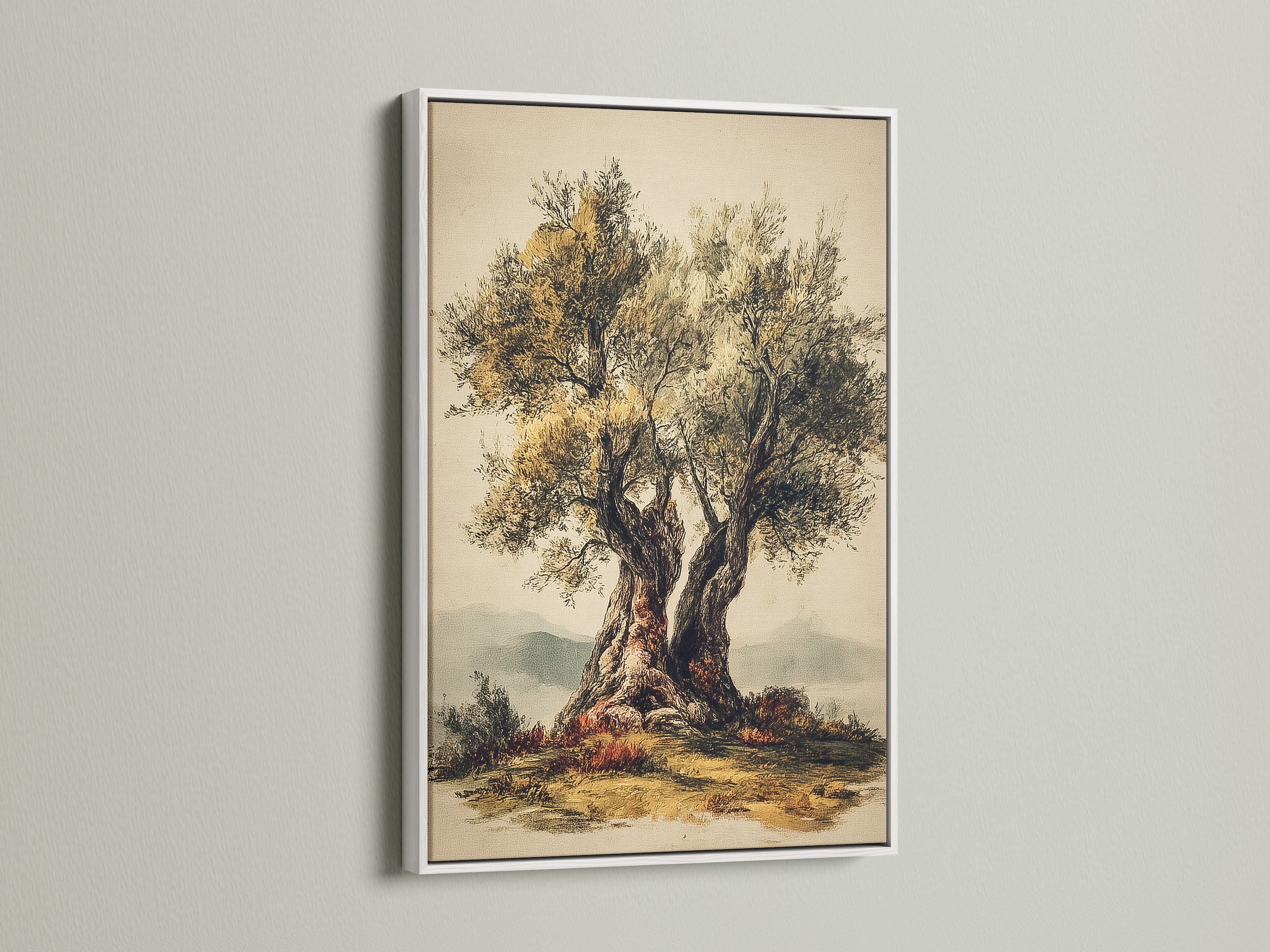 An artwork of a tree in a white frame hangs on a wall. The white frame offers a clean modern look. The artwork looks great against the white wall. This frame is versatile.