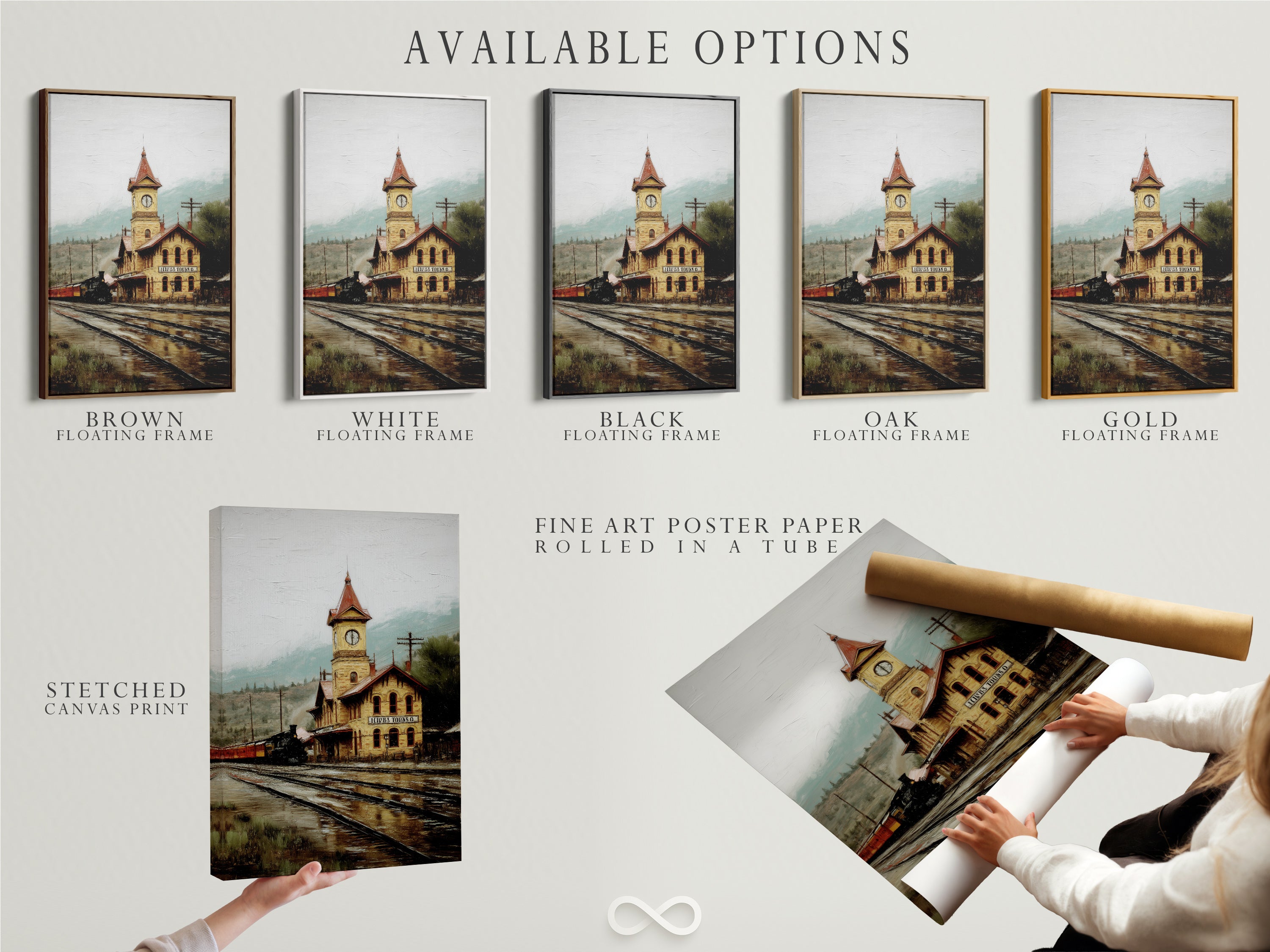 Available options for vintage train station artwork. Choose from stretched canvas prints fine art poster paper or a floating frame. Our sepia-toned railway wall art adds antique charm to any space. Perfect for history enthusiasts and vintage decor lovers. Explore our options to enhance your space with timeless railway art.