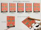 Available options for the Justice Scales artwork are displayed. Choose from a stretched canvas print fine art poster paper or floating frame. This vintage-style legal artwork is perfect for law offices. It can also be a thoughtful gift for attorneys. The orange and green hues add style.