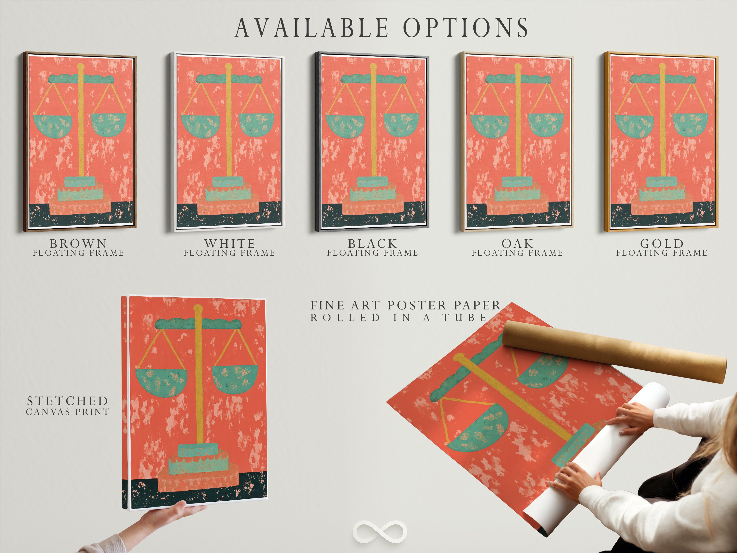 Available options for the Justice Scales artwork are displayed. Choose from a stretched canvas print fine art poster paper or floating frame. This vintage-style legal artwork is perfect for law offices. It can also be a thoughtful gift for attorneys. The orange and green hues add style.