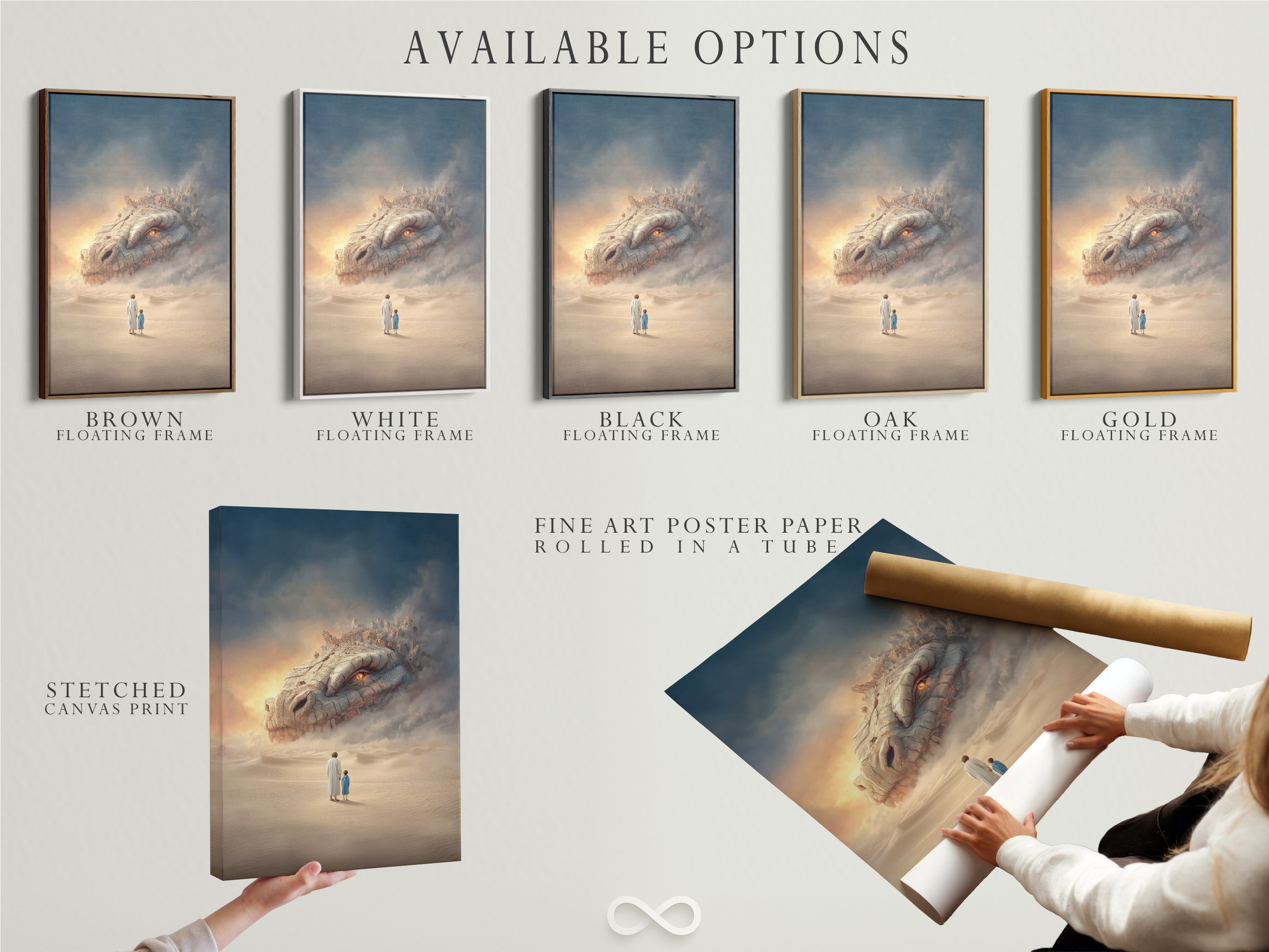 Available options for surreal fantasy art. Choose from a stretched canvas print a fine art poster paper or a floating frame. Each option enhances the artwork's unique qualities. Select the perfect format to match your personal style. Transform your space with this mystical artwork.