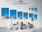 Size comparison chart in an interior setting. Featuring Palm Tree Beach artwork.  Visualize how this tropical coastal canvas print fits in your space.  Choose the perfect size for your ocean wave wall art.  See the impact of this nautical art on your living room or bedroom.