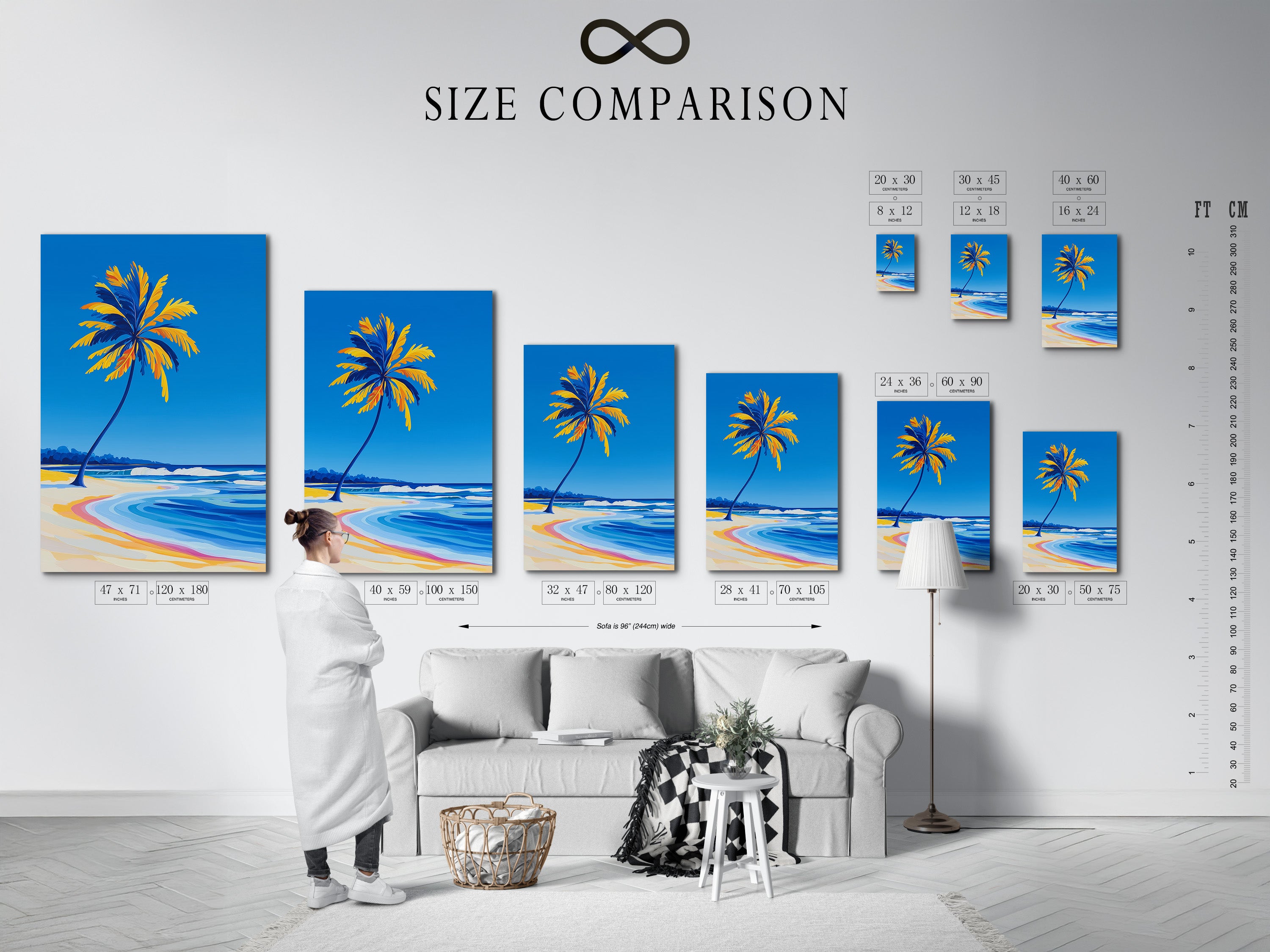 Size comparison chart in an interior setting. Featuring Palm Tree Beach artwork.  Visualize how this tropical coastal canvas print fits in your space.  Choose the perfect size for your ocean wave wall art.  See the impact of this nautical art on your living room or bedroom.