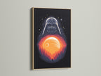 Darth Vader Star Wars sunset art in an oak frame. This movie poster art adds a touch of sci-fi to any room. Perfect geek decor for man caves and bedrooms. Discover this unique film art print now.