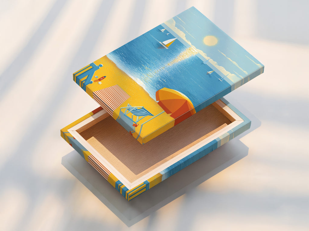 This is a stretched canvas print of a beach scene artwork. The coastal wall art is ready to hang. The sailboat print adds a summer touch. Perfect for beach house decor or vacation wall art.