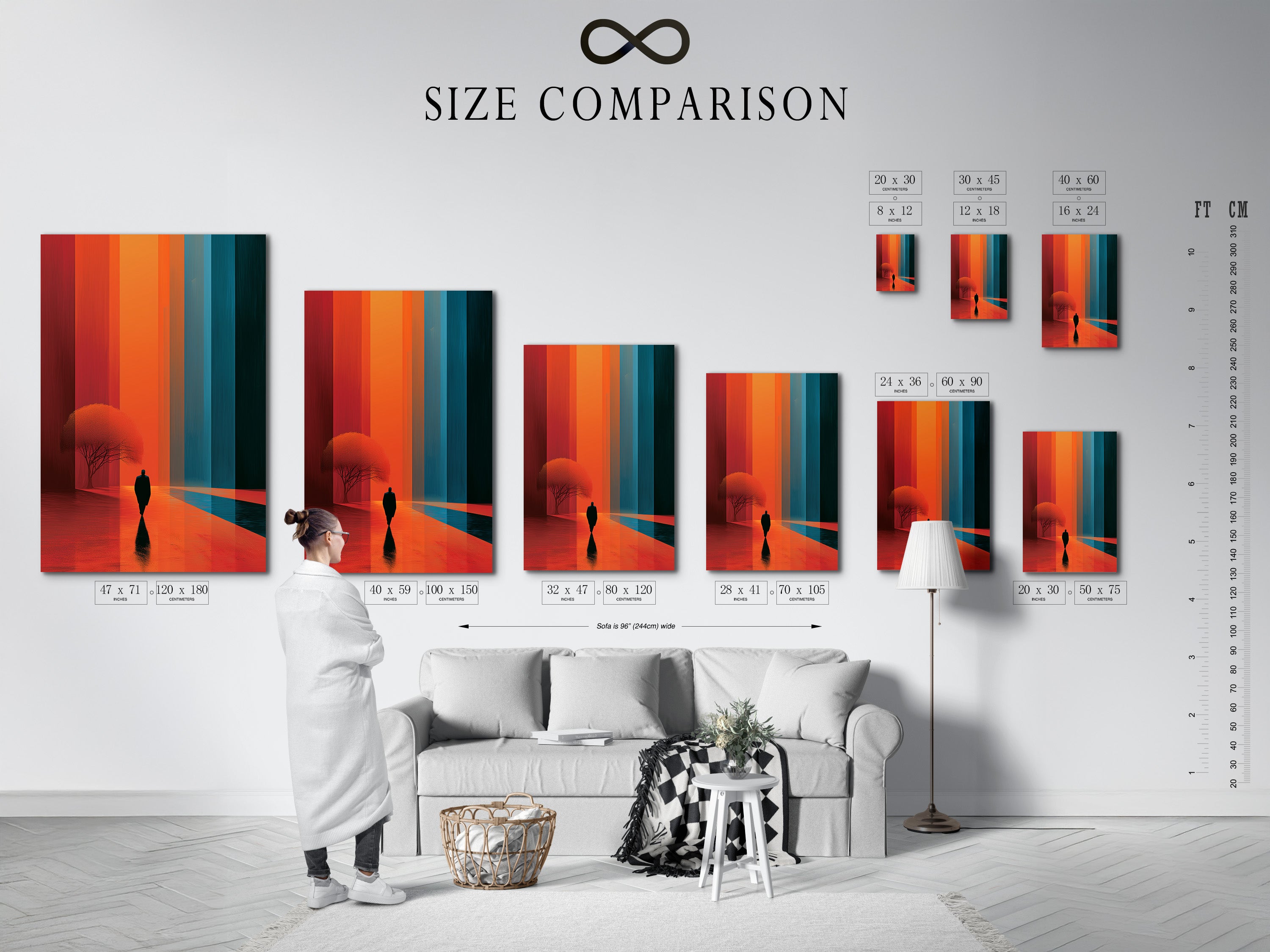 A size comparison chart displayed in an interior setting.  The chart shows the various sizes available for this surreal landscape artwork.  Find the perfect fit for your space with this modern abstract wall art.