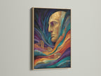 A surreal portrait artwork is displayed in an oak frame. The artwork features a colorful abstract face. The artwork would be great as psychedelic digital art for modern office decor. The style is contemporary. The primary color is gold and the secondary color is blue