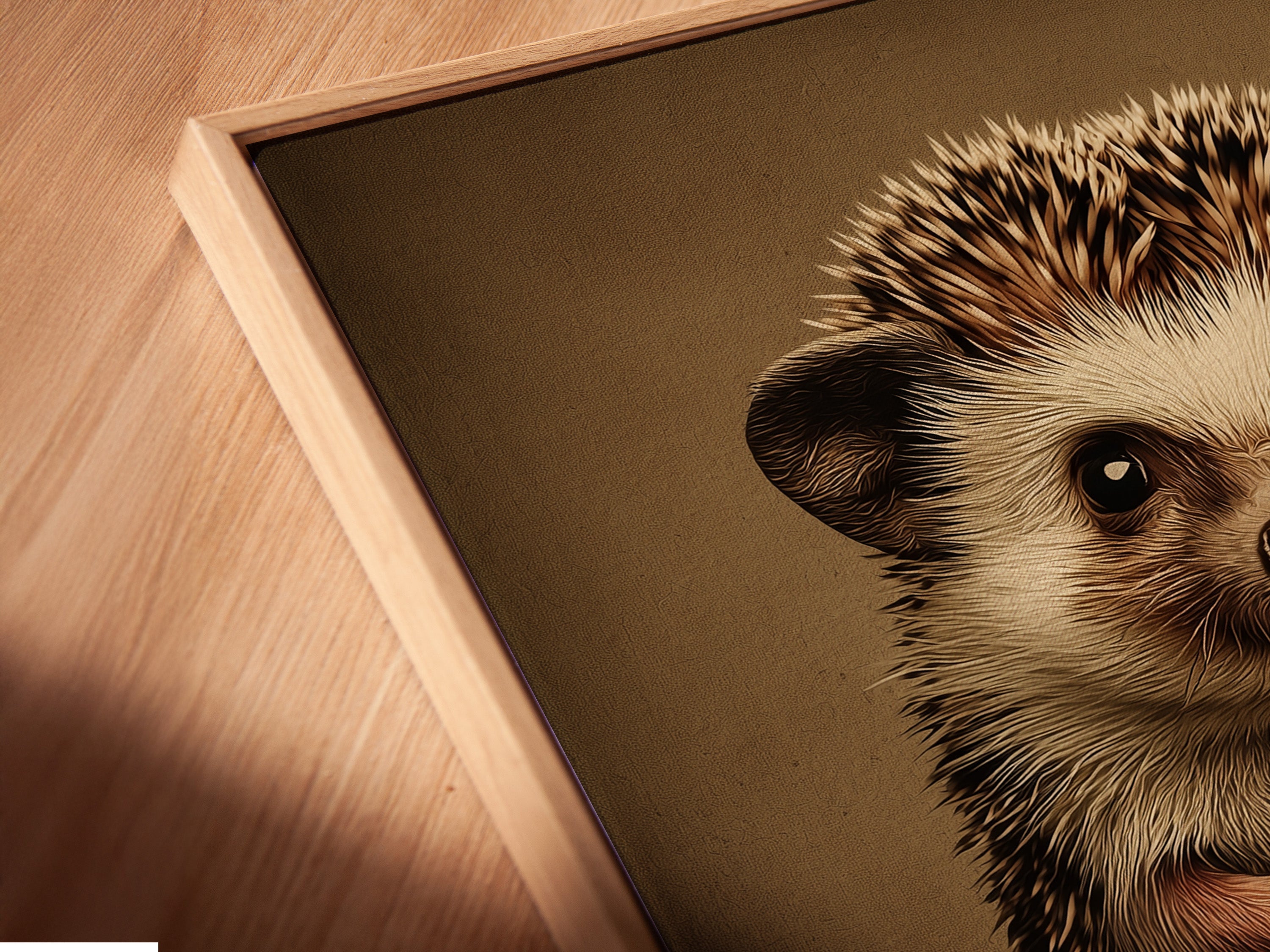 Angled close up of a hedgehog canvas print in a floating frame. This cute animal print will add a unique touch to your wall. Perfect for nurseries children's bedrooms playrooms and family rooms.