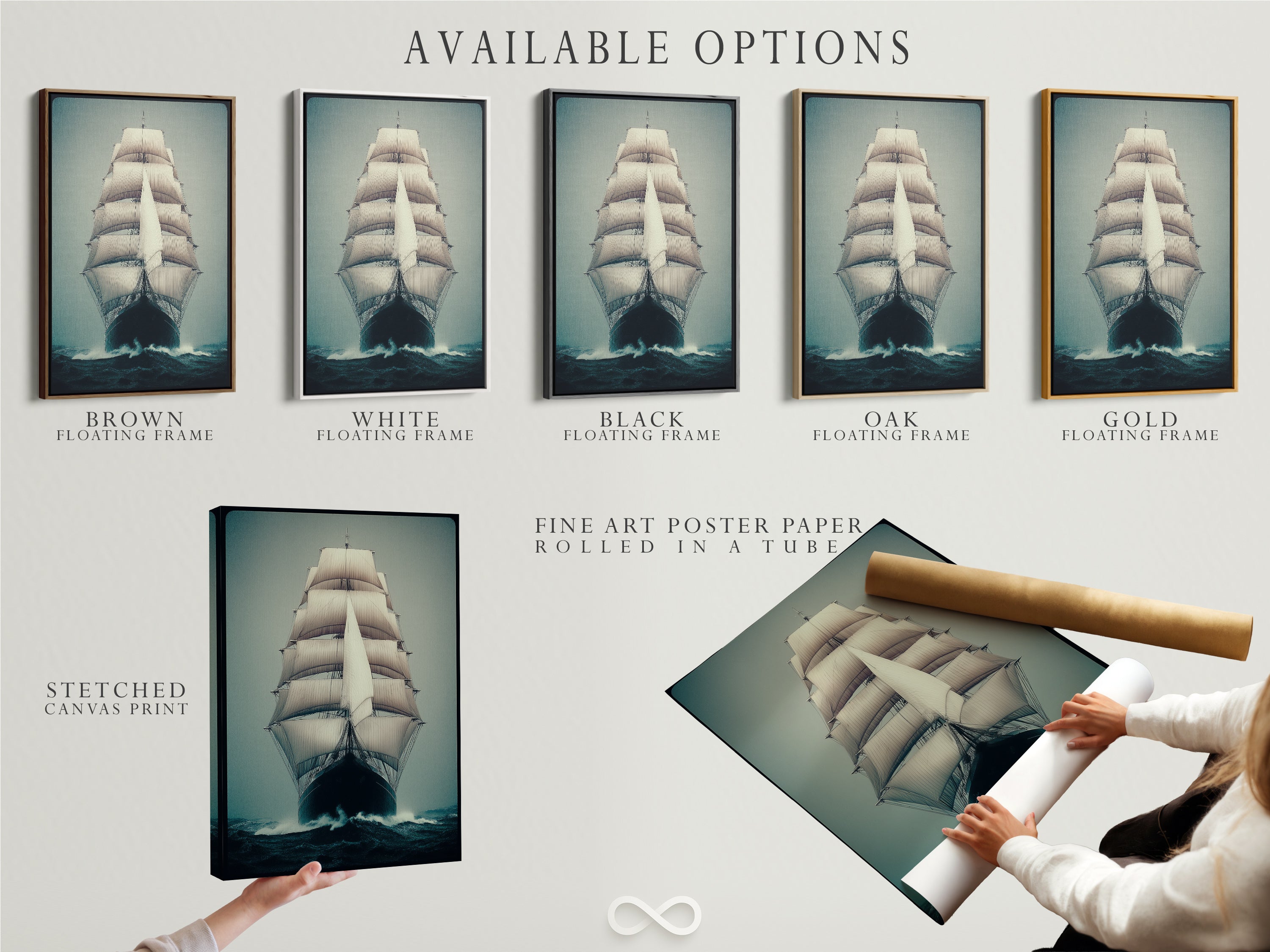 Available options for the Sailing Ship artwork. Choose from a stretched canvas print fine art poster paper or floating frame. Perfect nautical artwork for coastal decor. Enhance your space with maritime art.