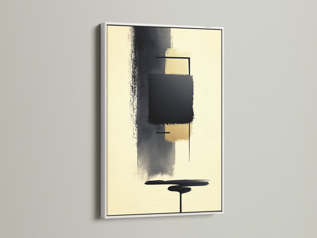 Abstract Shapes Modern Canvas Art in a white frame. This geometric artwork features beige and black colors. A minimalist print perfect for any modern home. Enhance your office wall decor with this contemporary art. Ideal for creating a stylish and sophisticated space. This neutral art print complements various interior styles.